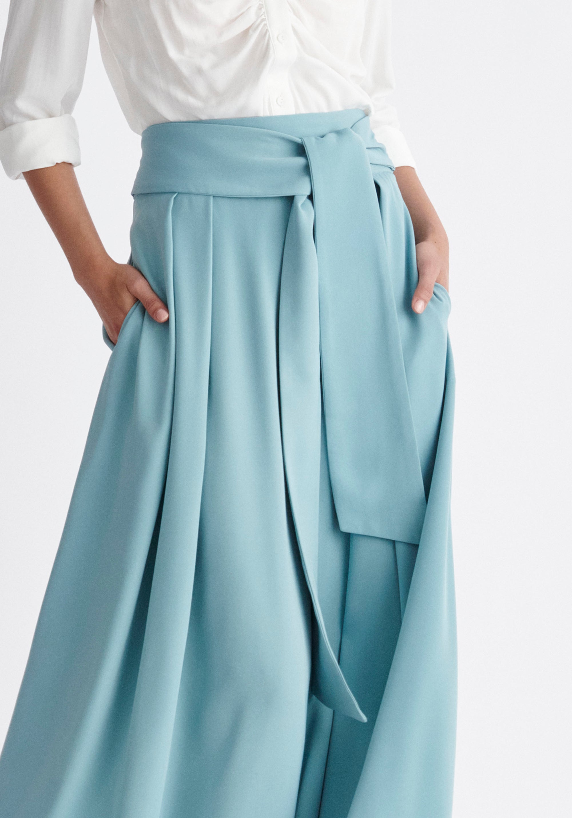 Paisie Maxi Tie Skirt in Light Blue Close Up