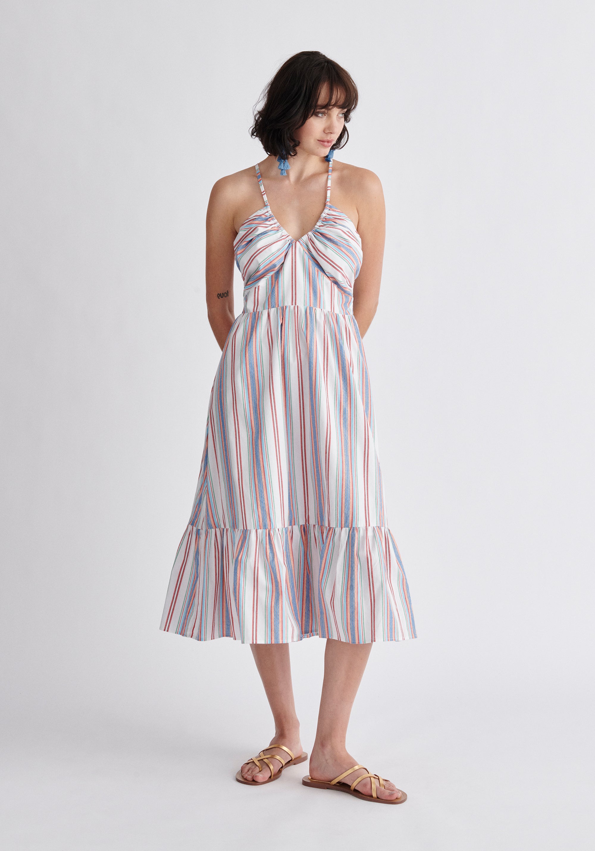 Paisie Striped Midi Cotton Halterneck Dress