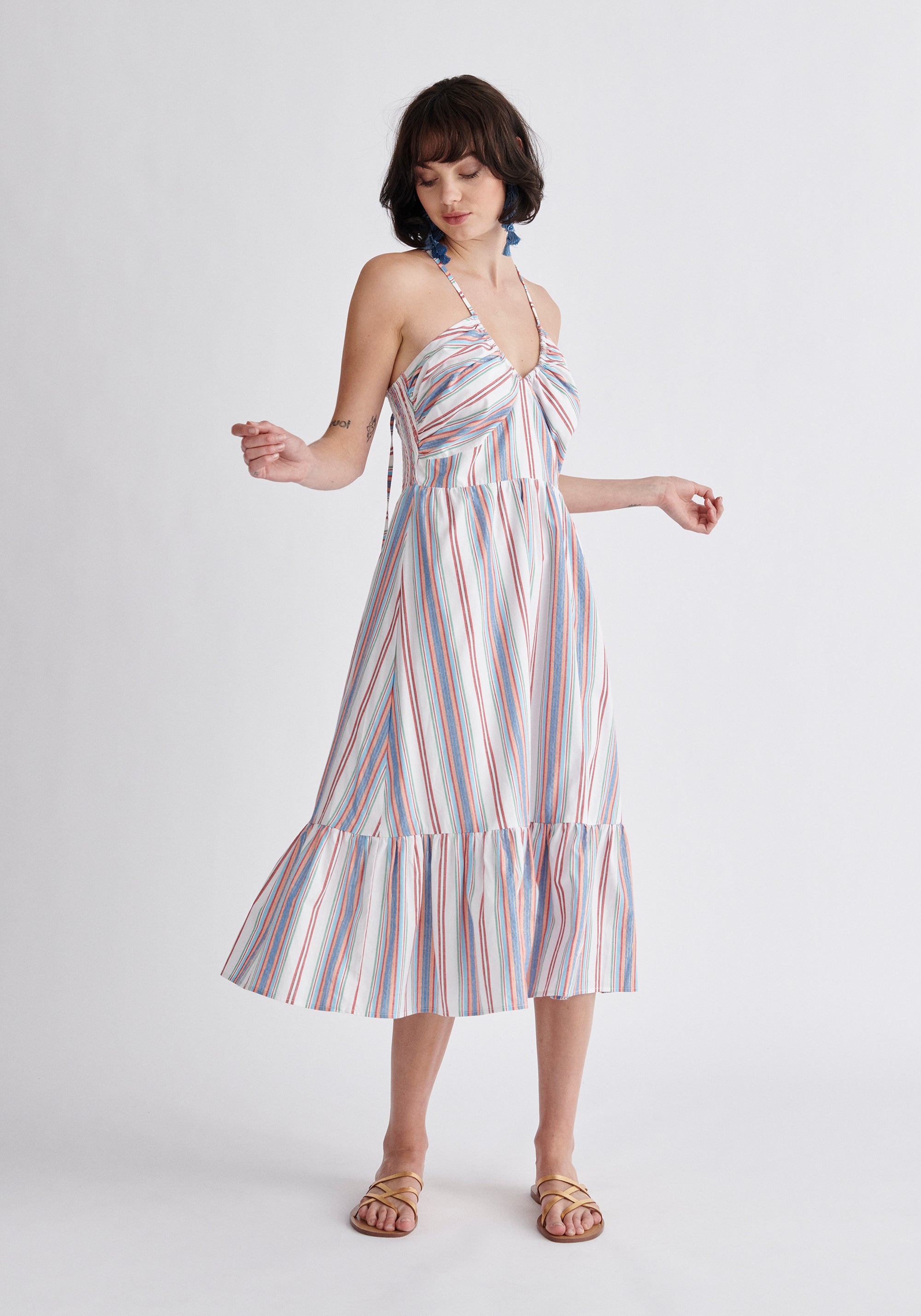 Paisie Striped Midi Cotton Halterneck Dress