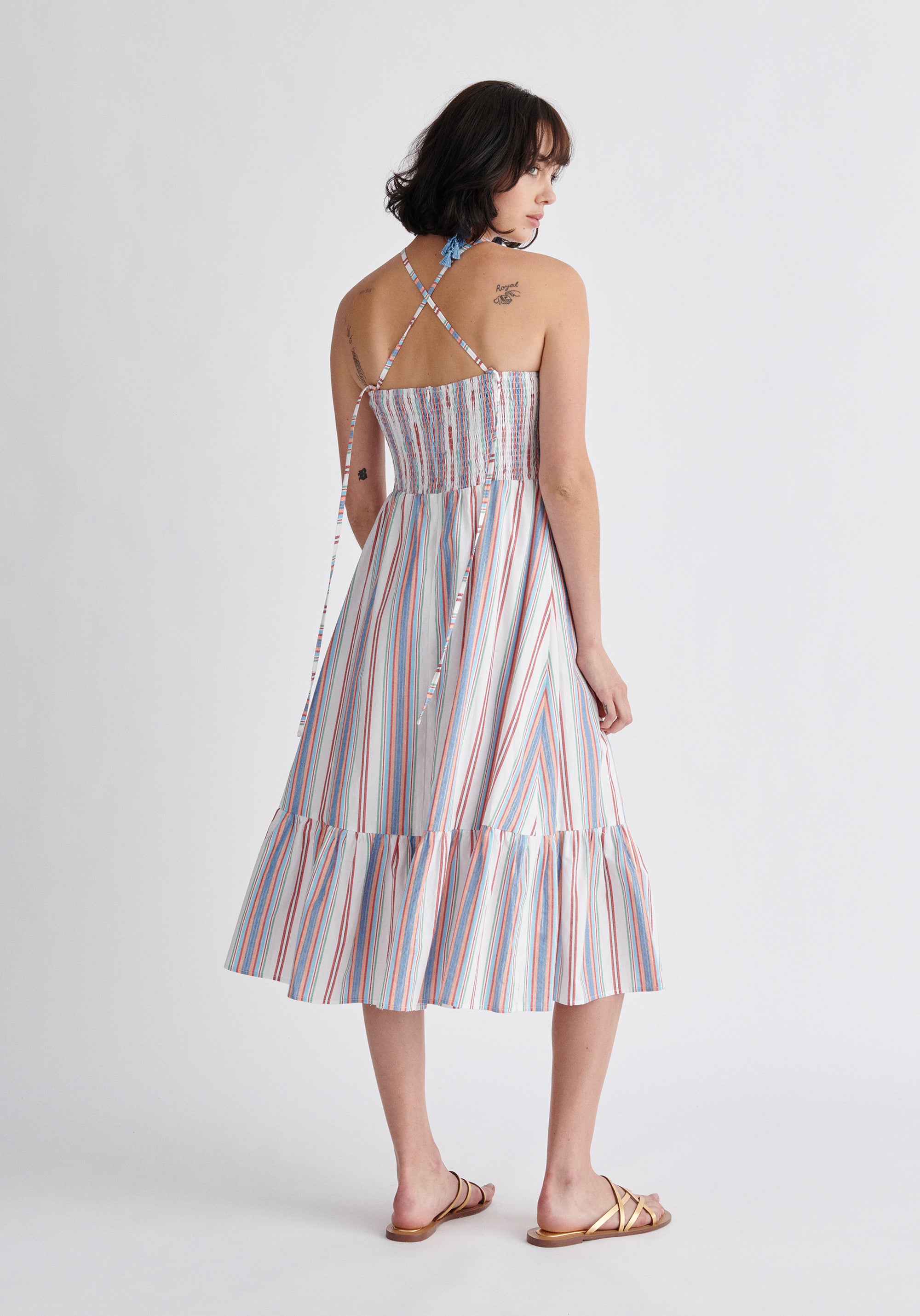 Paisie Striped Midi Cotton Halterneck Dress Back