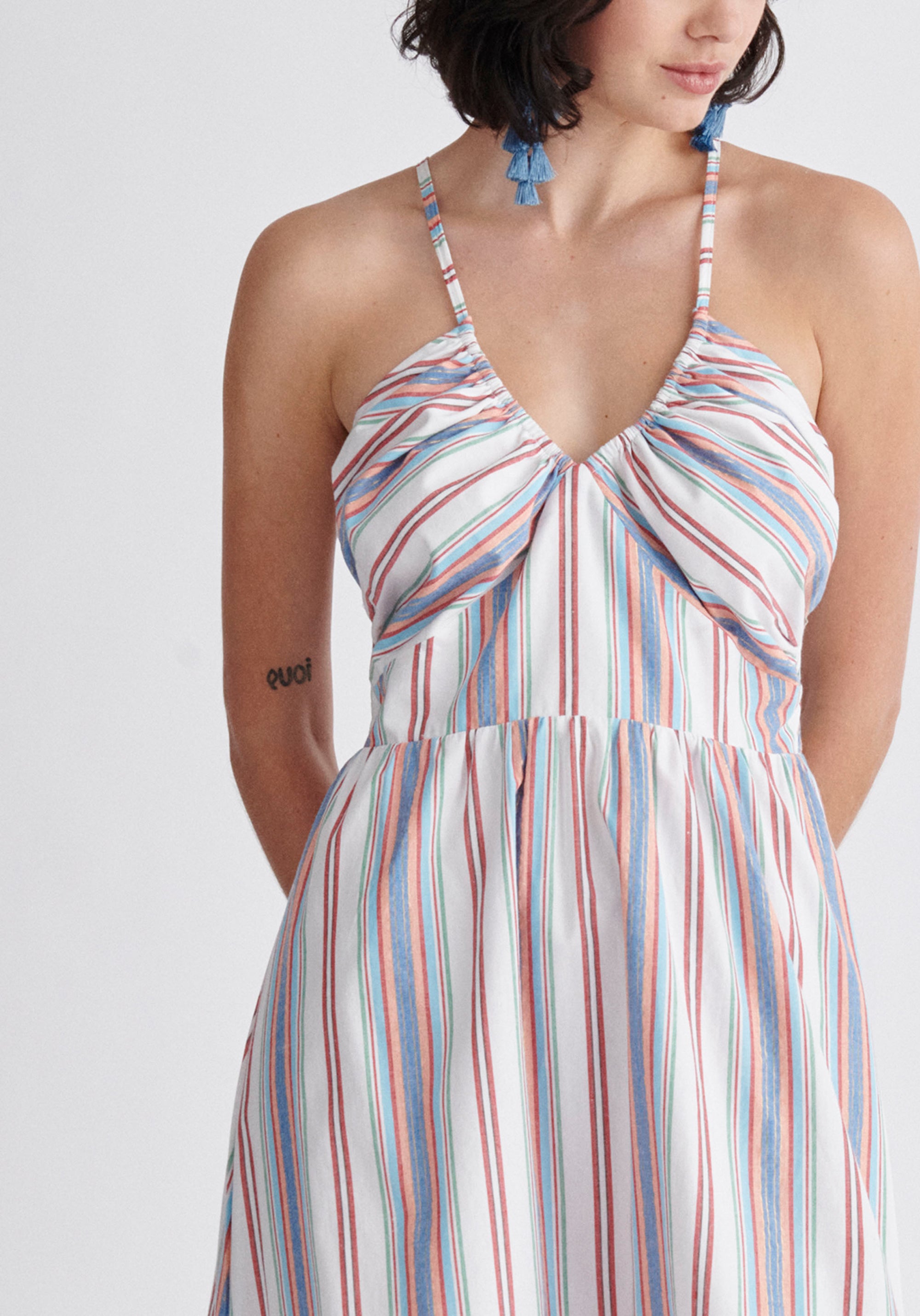 Paisie Striped Midi Cotton Halterneck Dress Close Up