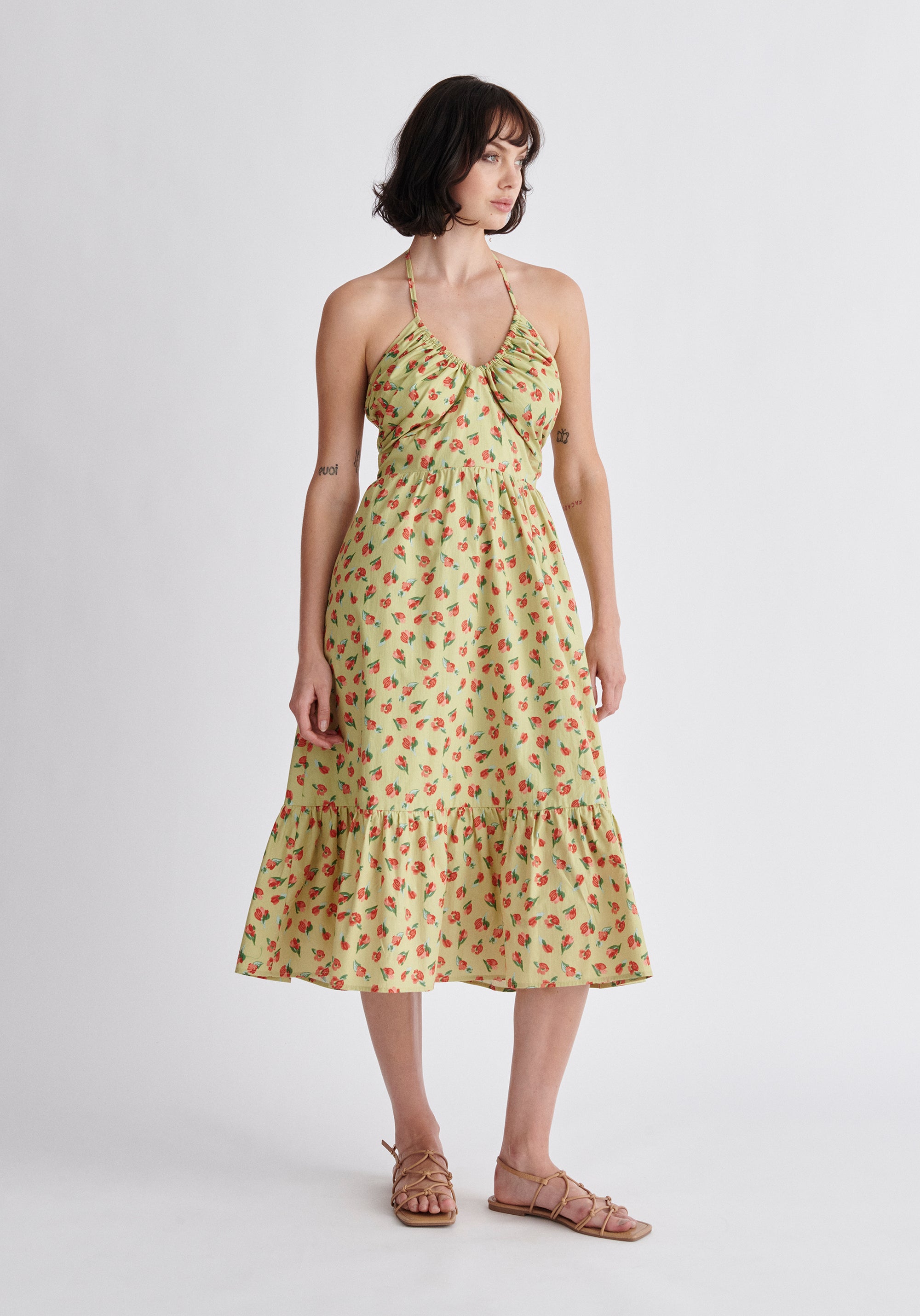 Paisie Floral Midi Cotton Halterneck Dress