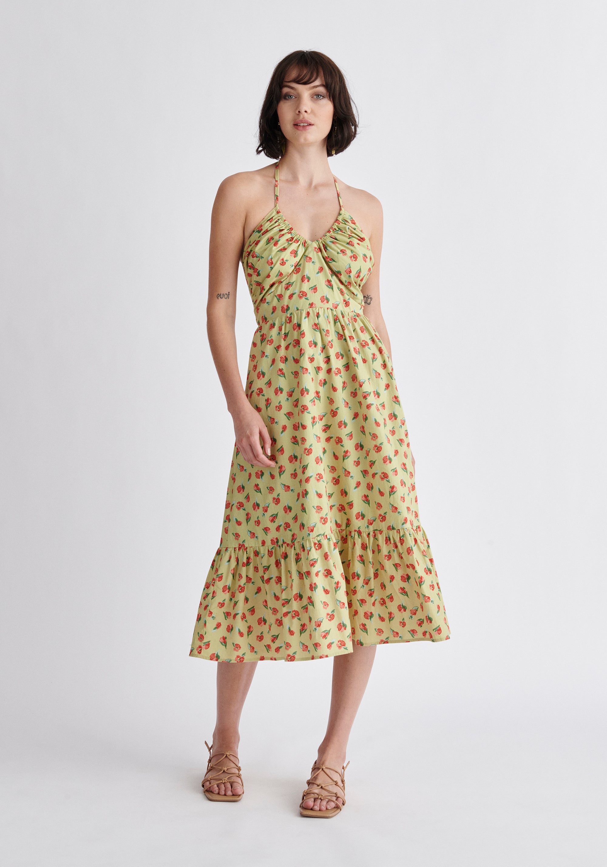 Paisie Floral Midi Cotton Halterneck Dress