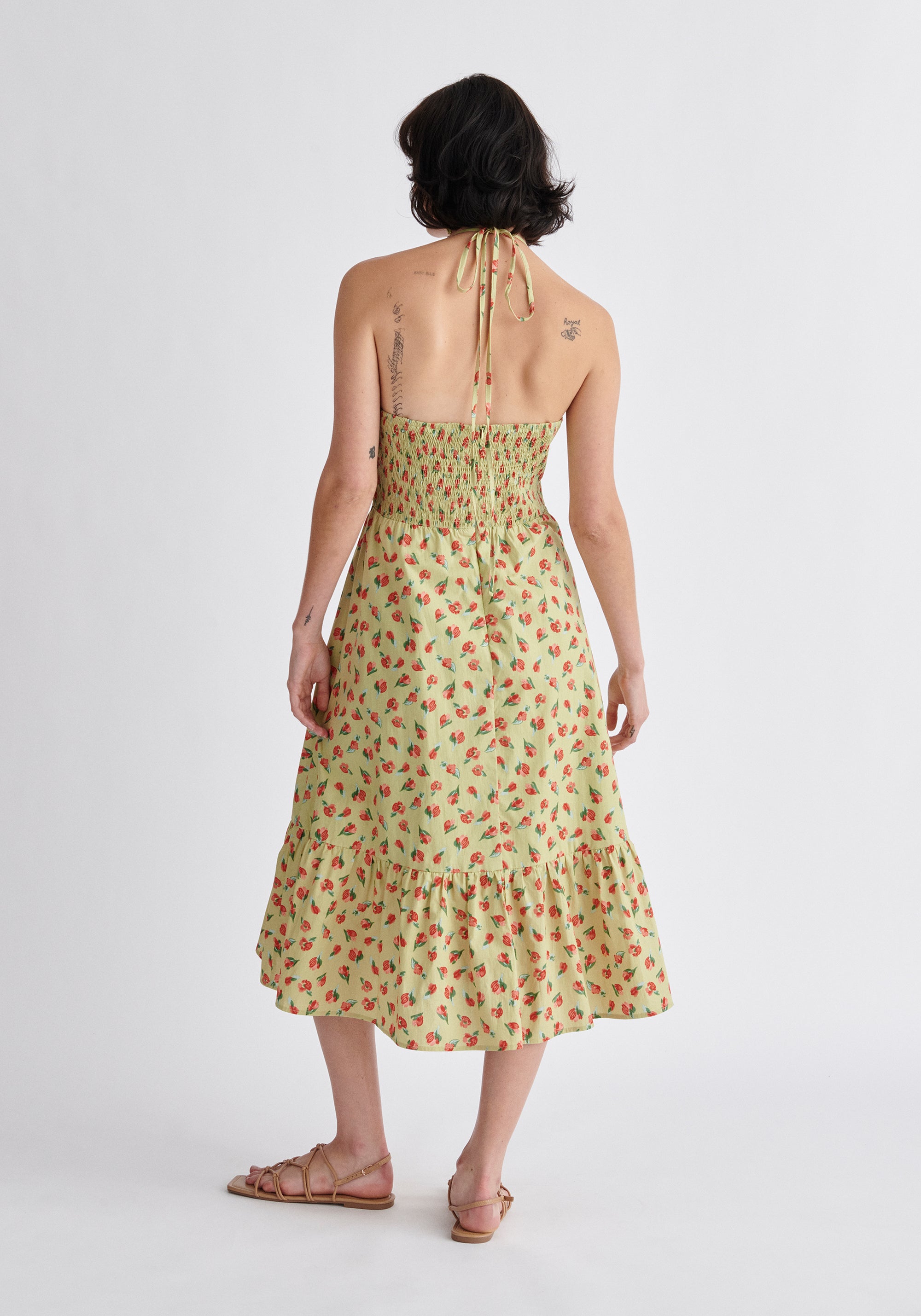 Paisie Floral Midi Cotton Halterneck Dress Back