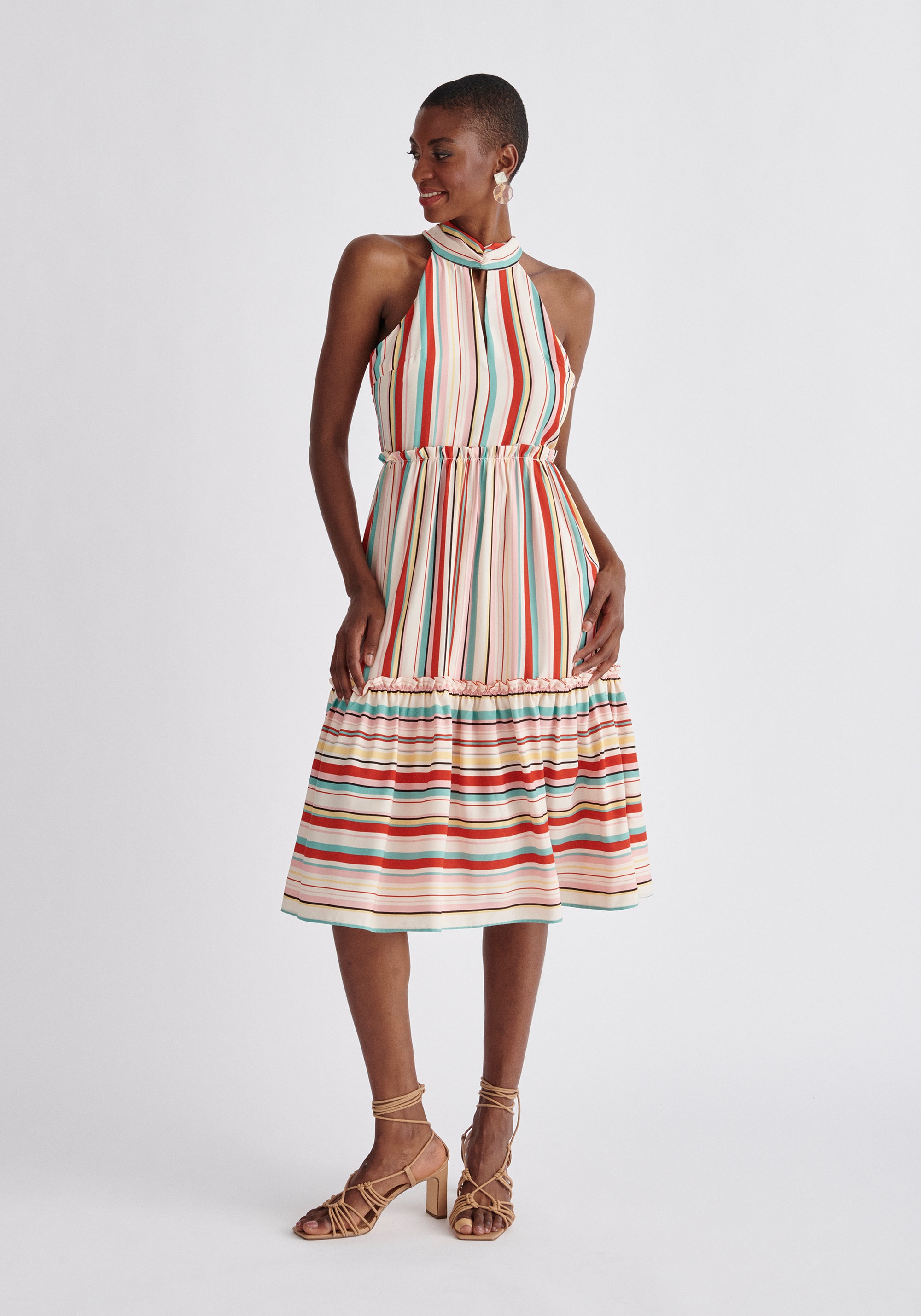 Paisie Striped Tiered Halterneck Dress