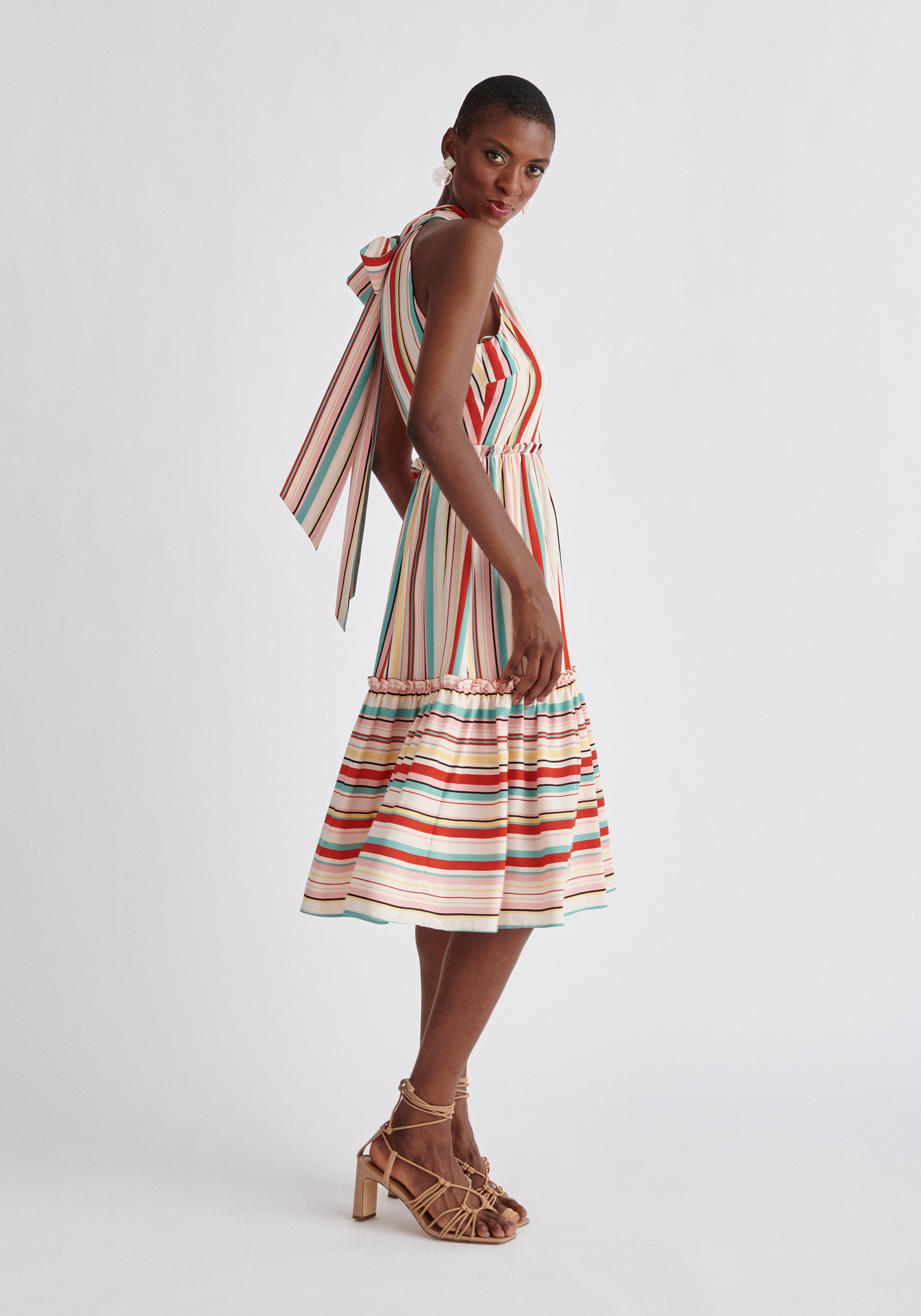 Paisie Striped Tiered Halterneck Dress Side