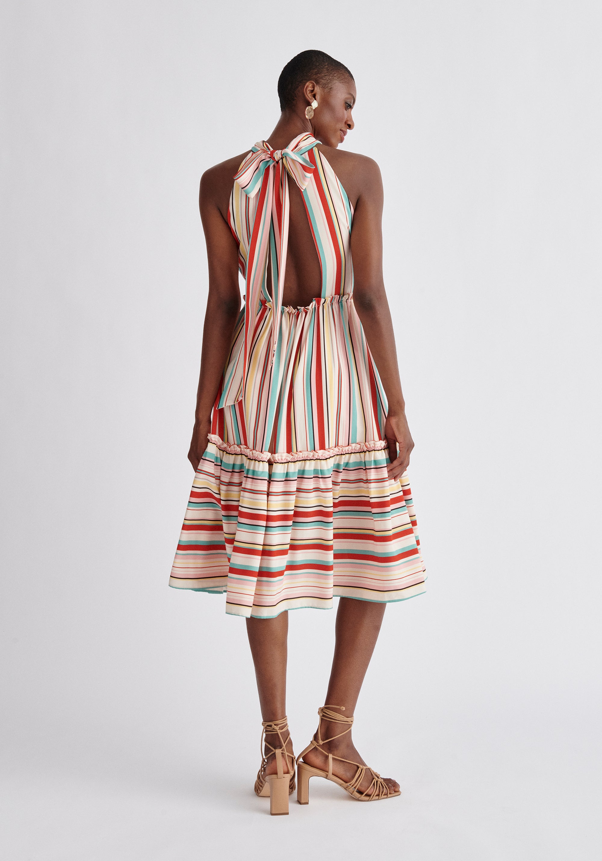 Paisie Striped Tiered Halterneck Dress Back