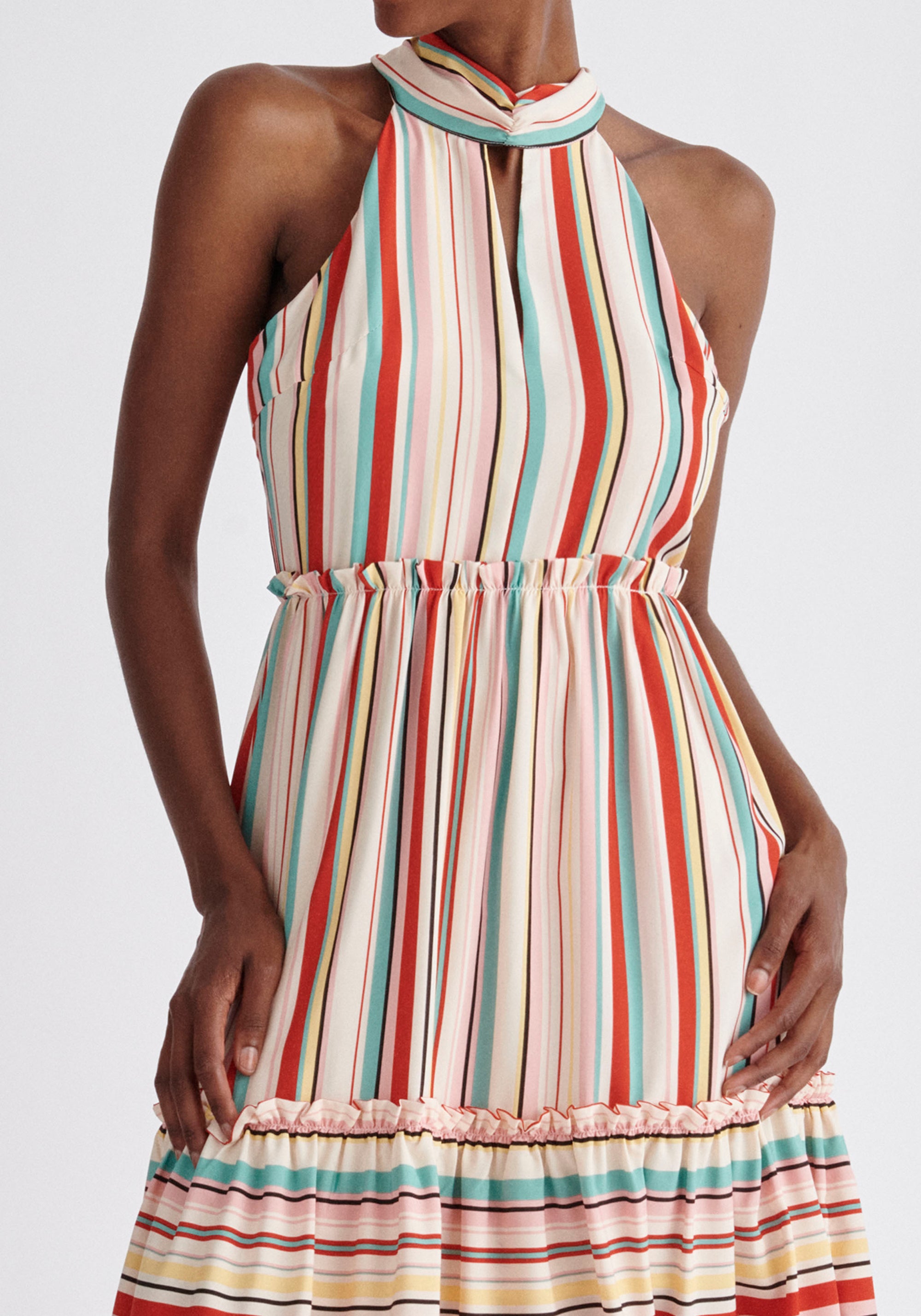 Paisie Striped Tiered Halterneck Dress Close Up