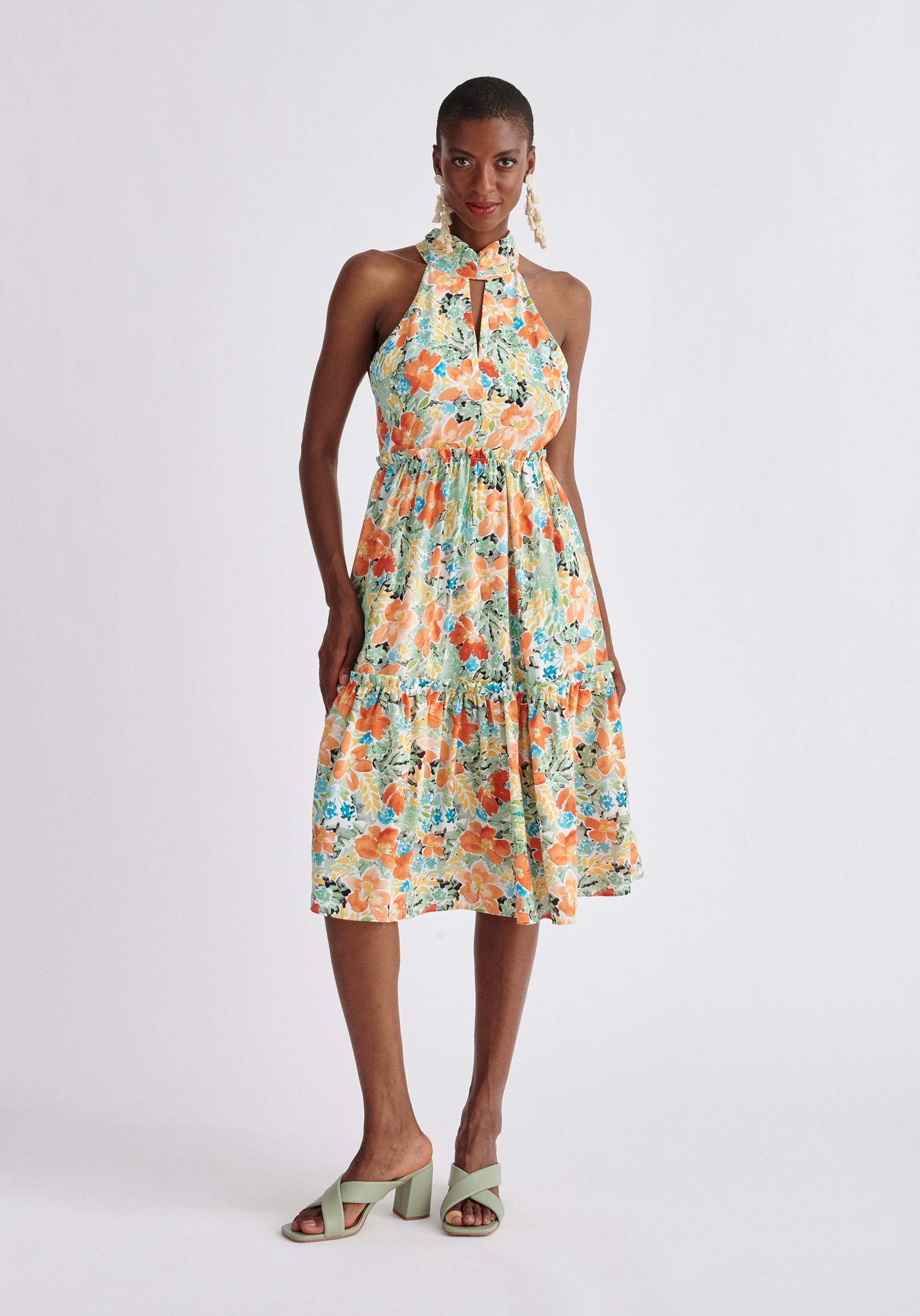 Paisie Floral Tiered Halterneck Dress