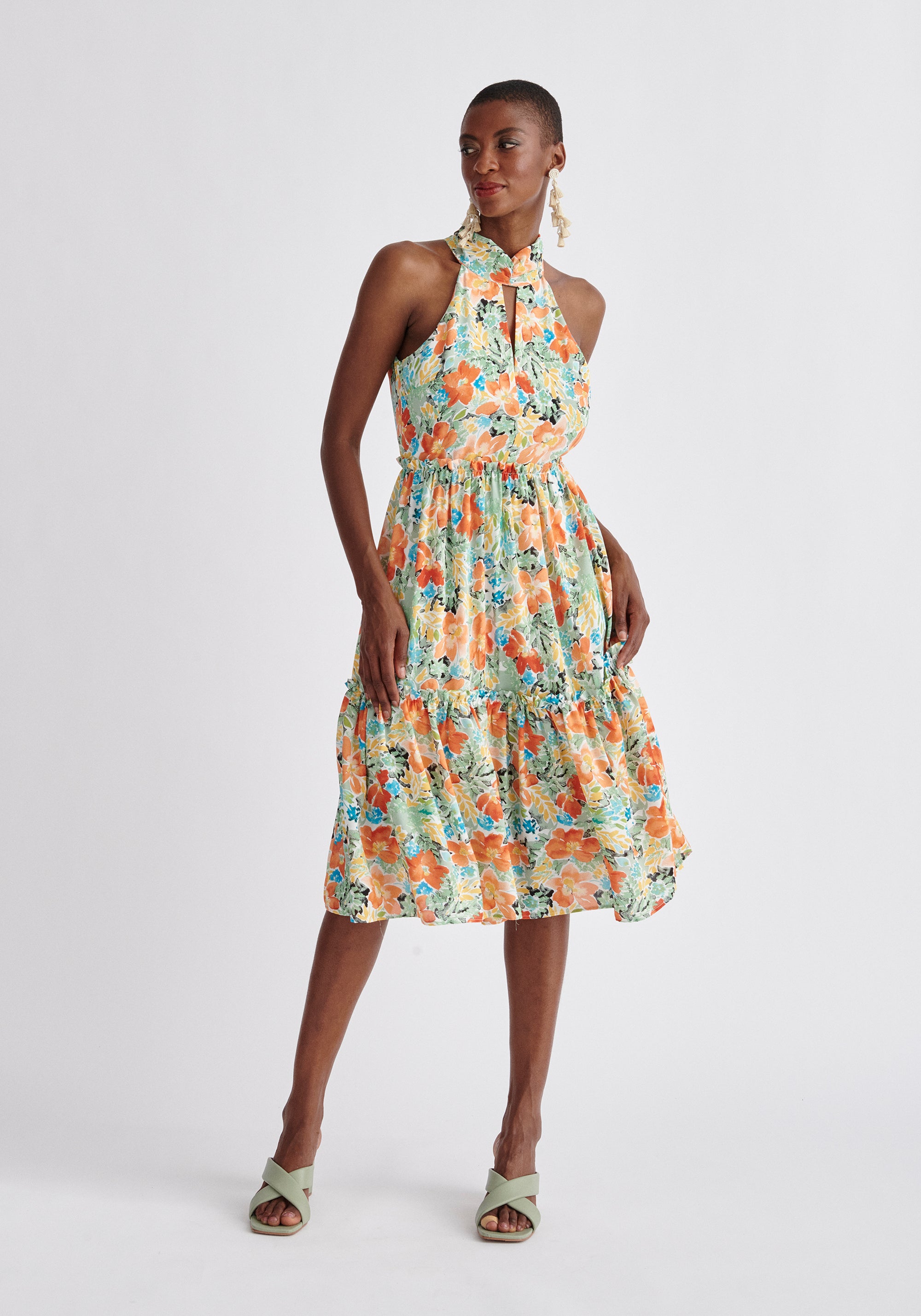 Paisie Floral Tiered Halterneck Dress