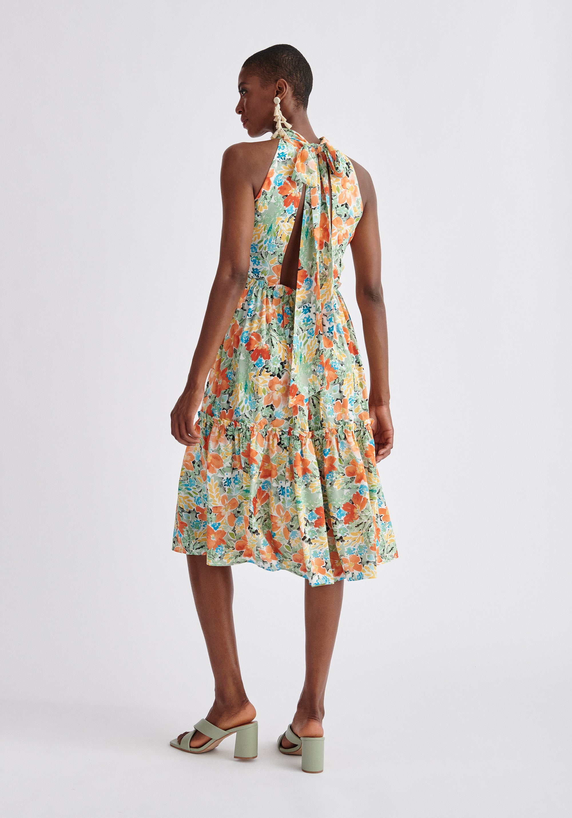 Paisie Floral Tiered Halterneck Dress Back