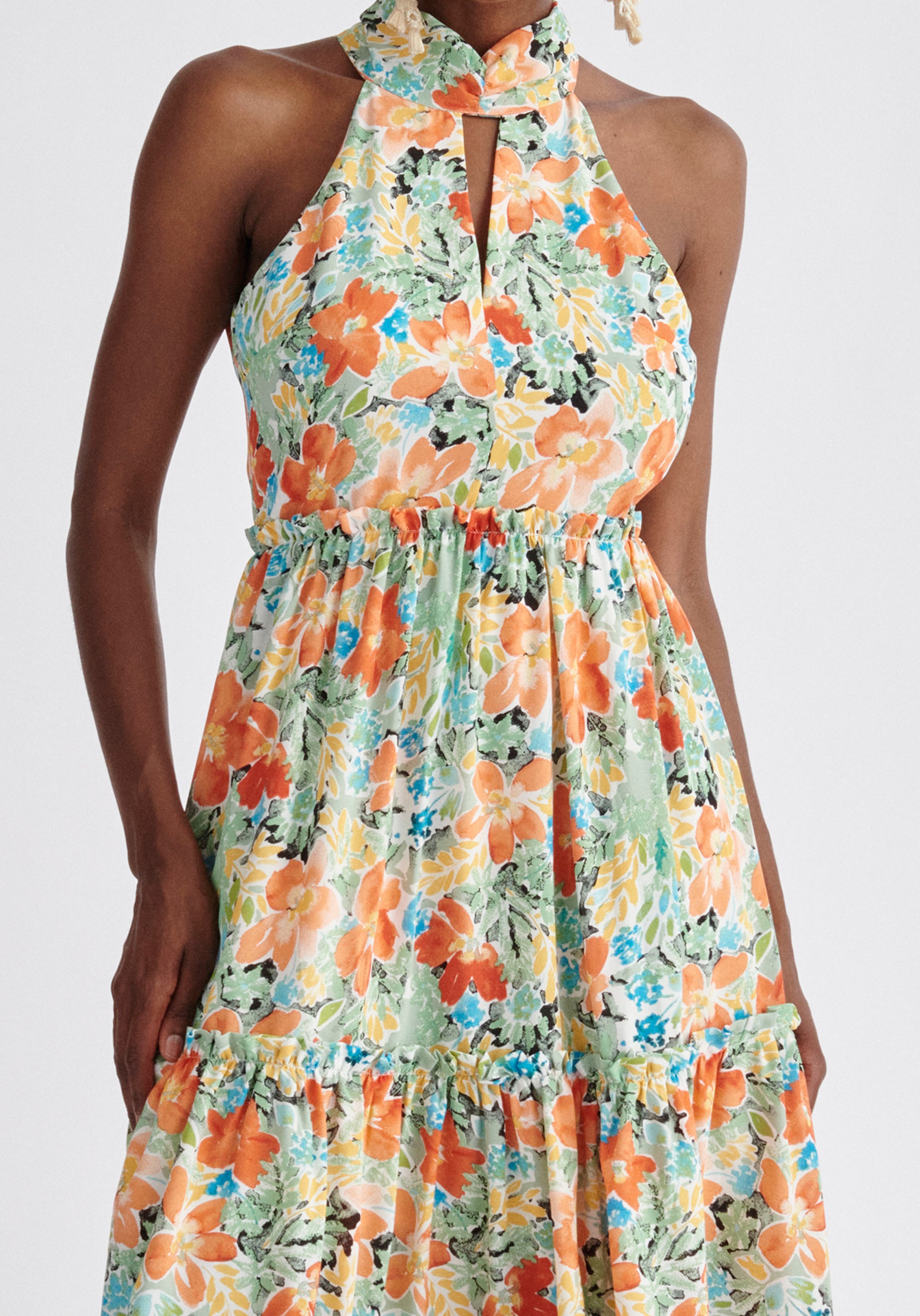 Paisie Floral Tiered Halterneck Dress Close Up