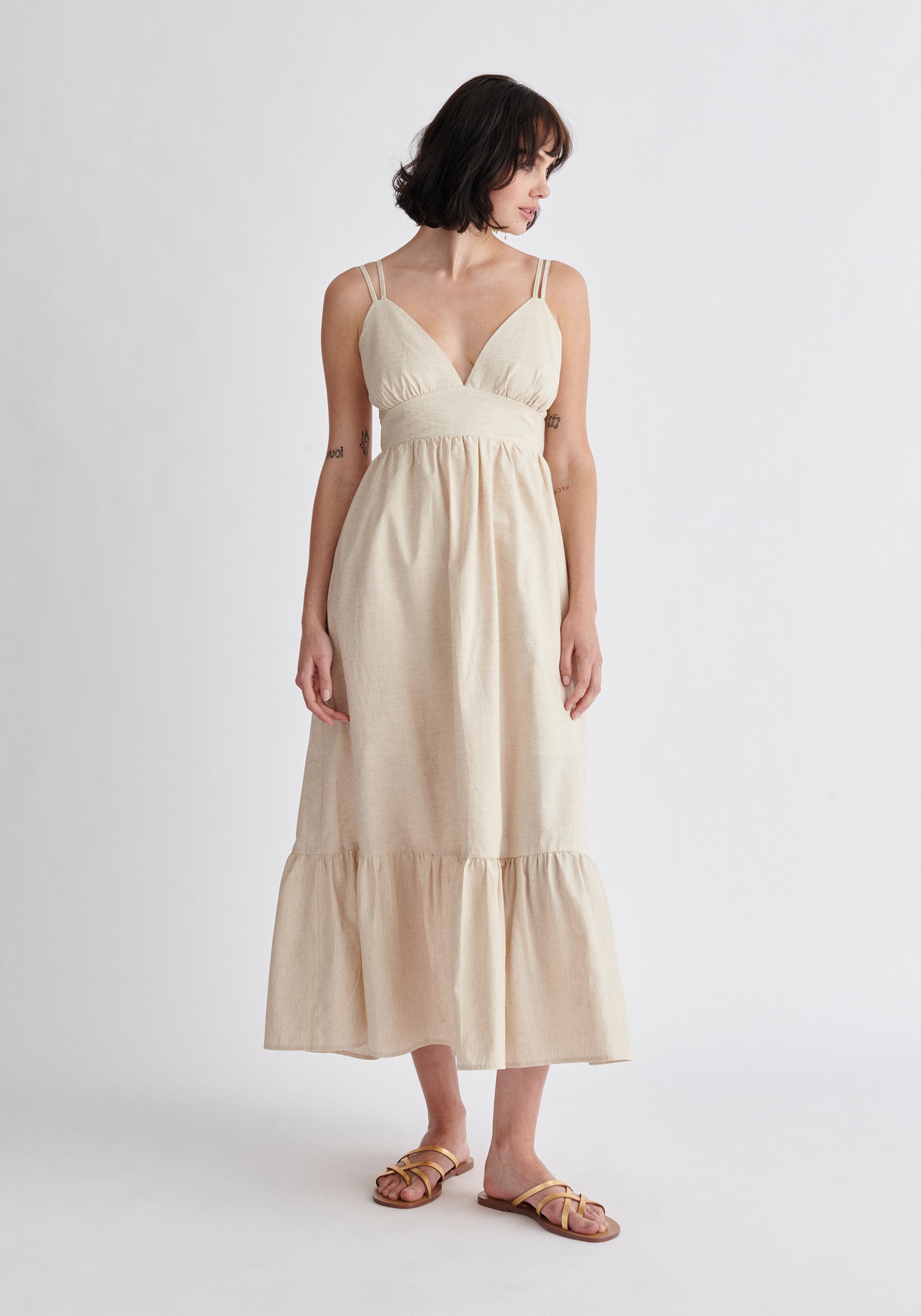 Paisie Linen Blend Midaxi Dress in Oatmeal