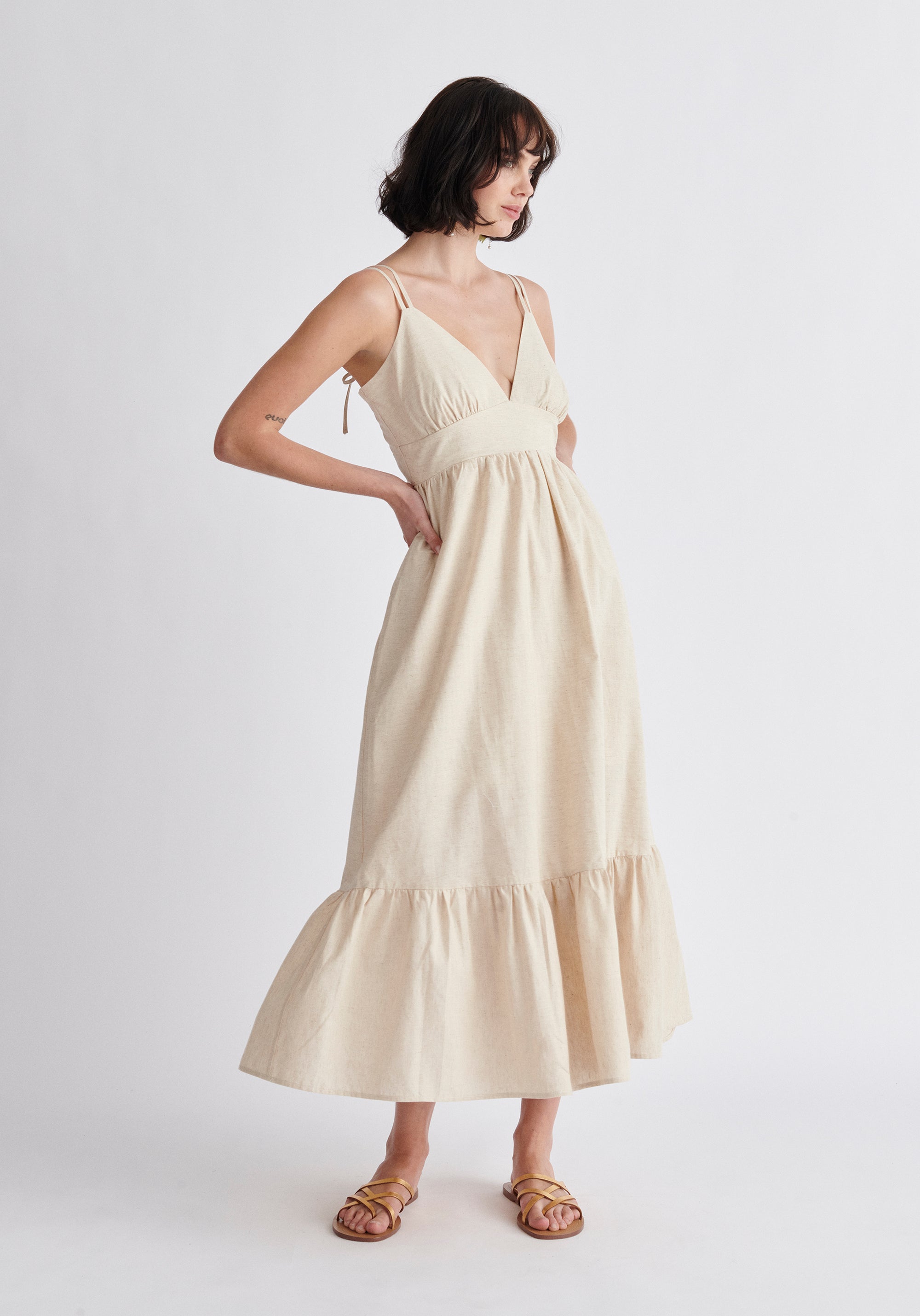 Paisie Linen Blend Midaxi Dress in Oatmeal