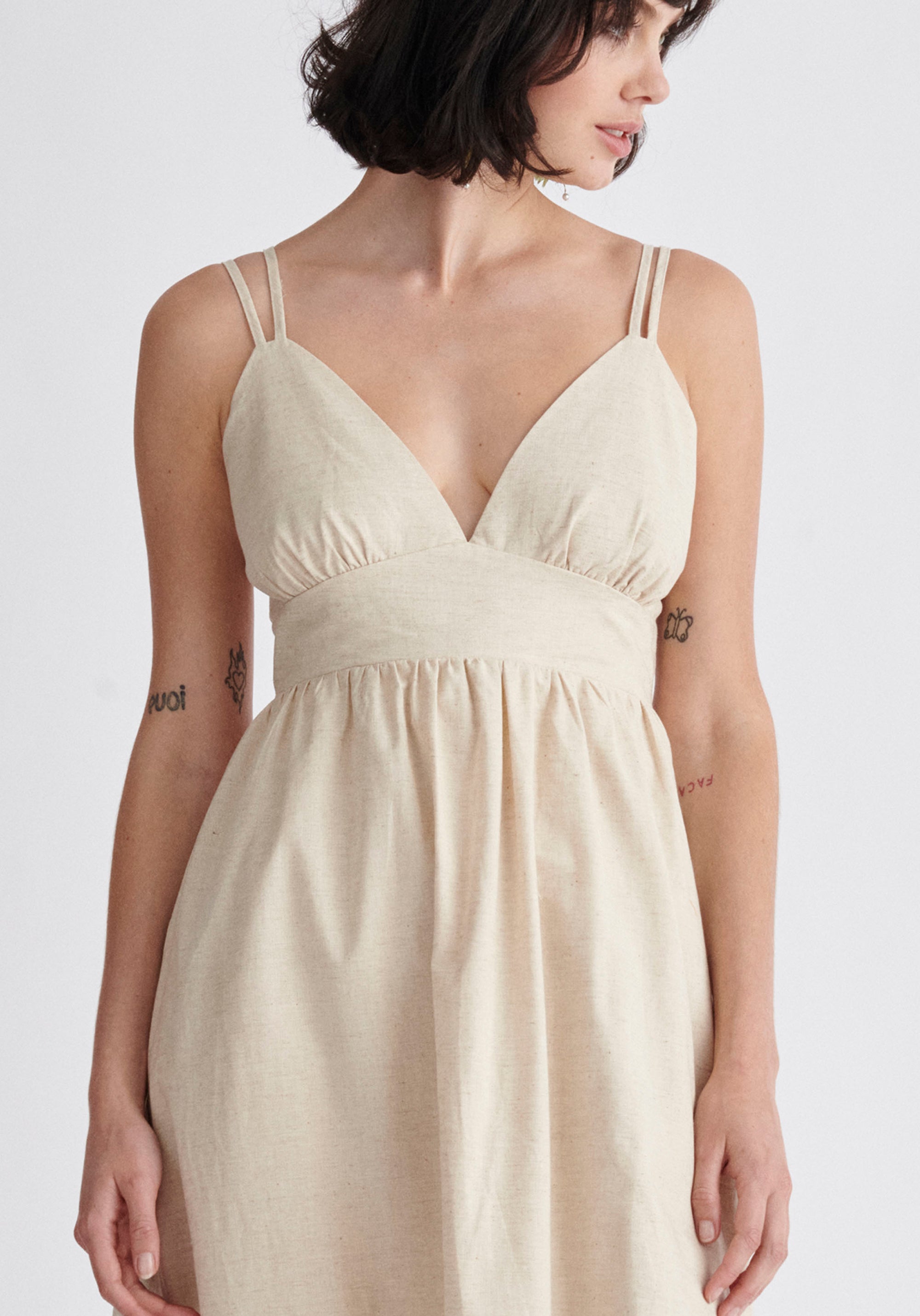 Paisie Linen Blend Midaxi Dress in Oatmeal Close Up