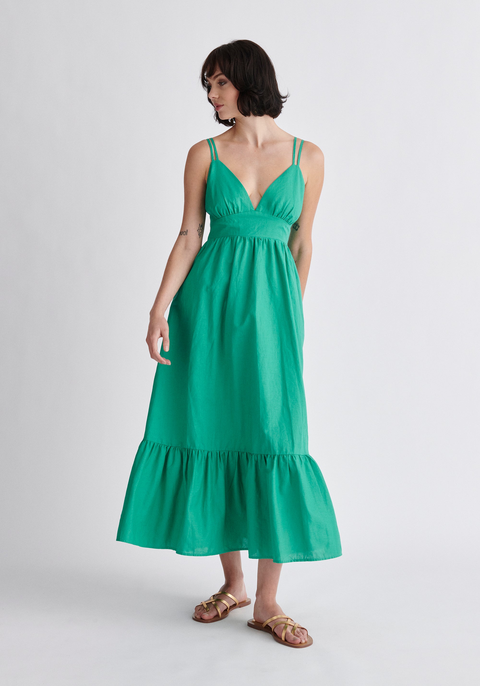 Paisie Linen Blend Midaxi Dress in Green