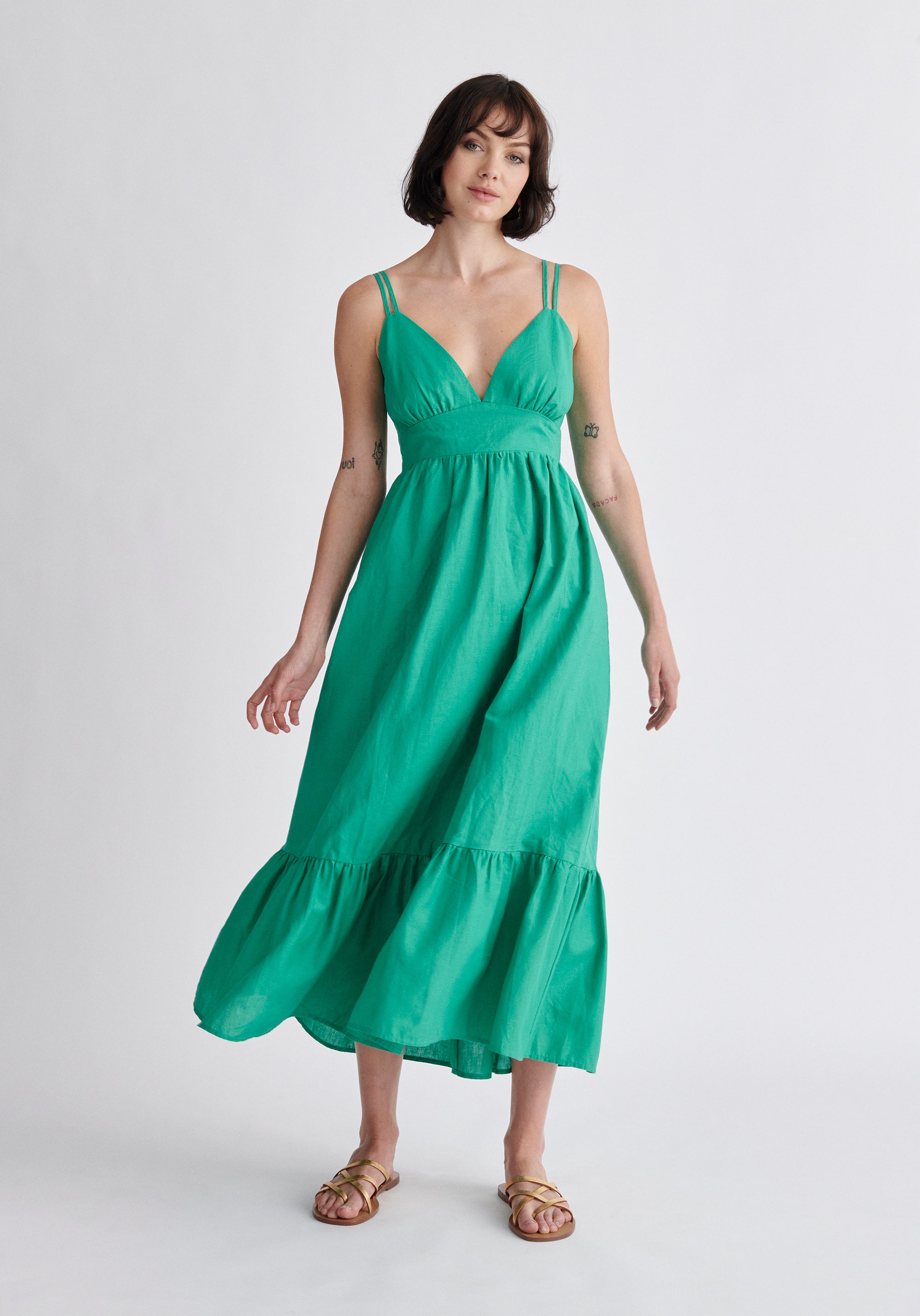 Paisie Linen Blend Midaxi Dress in Green