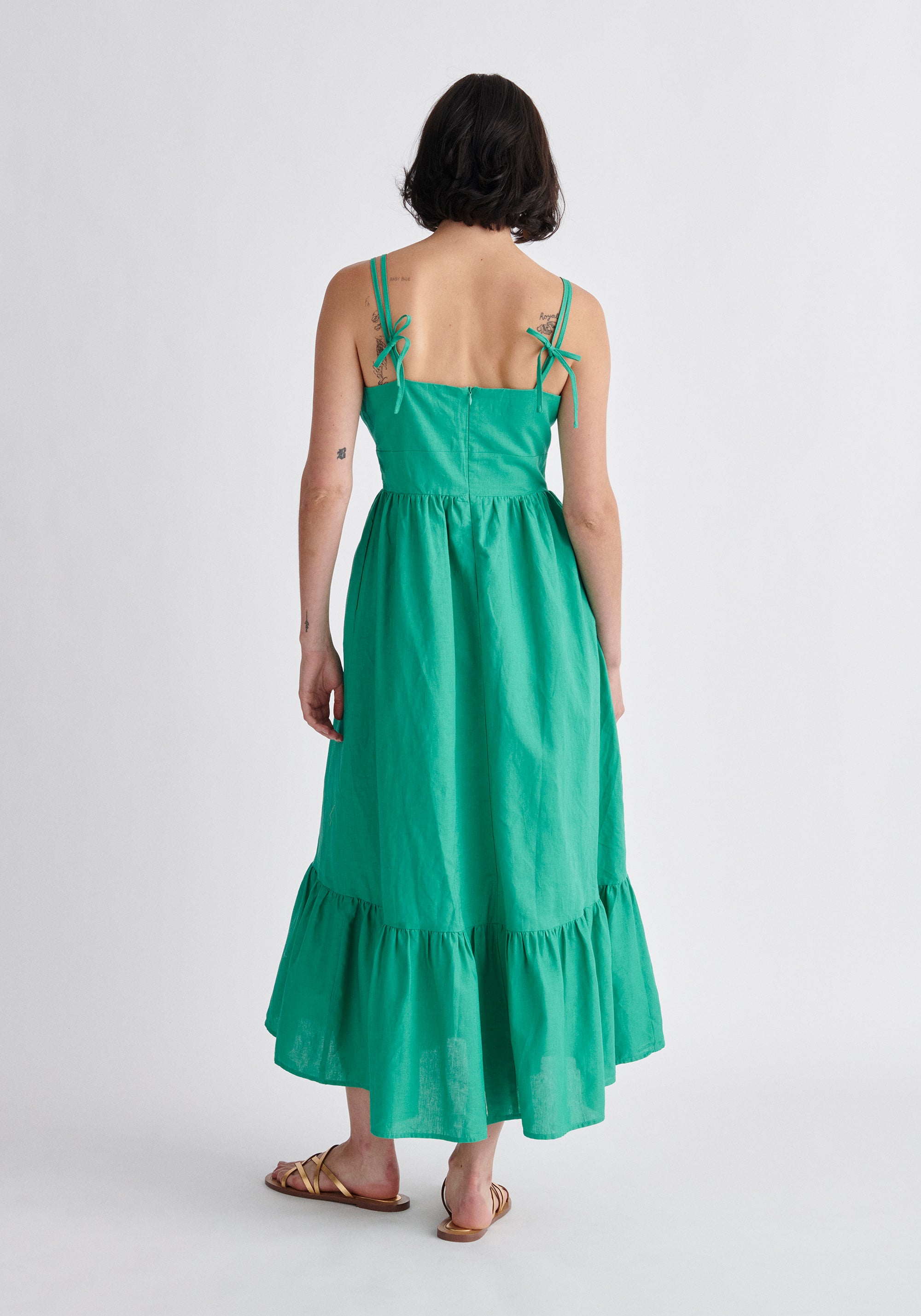 Paisie Linen Blend Midaxi Dress in Green Back