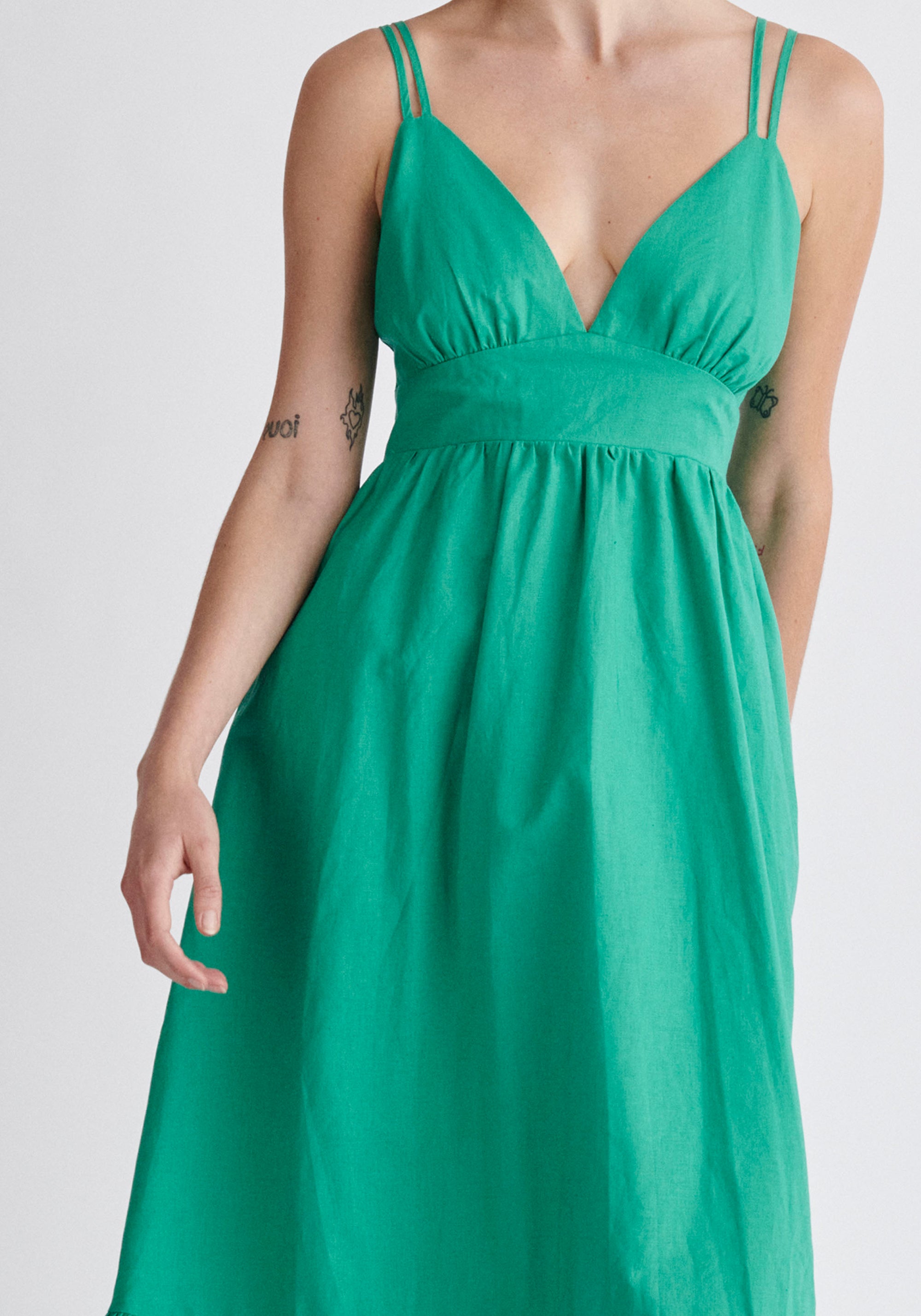 Paisie Linen Blend Midaxi Dress in Green Close Up