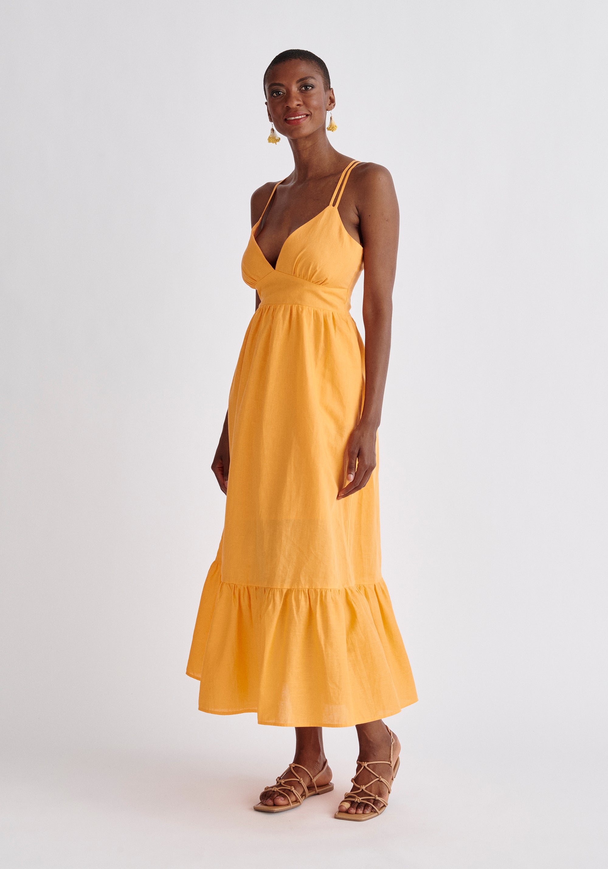 Paisie Linen Blend Midaxi Dress in Orange