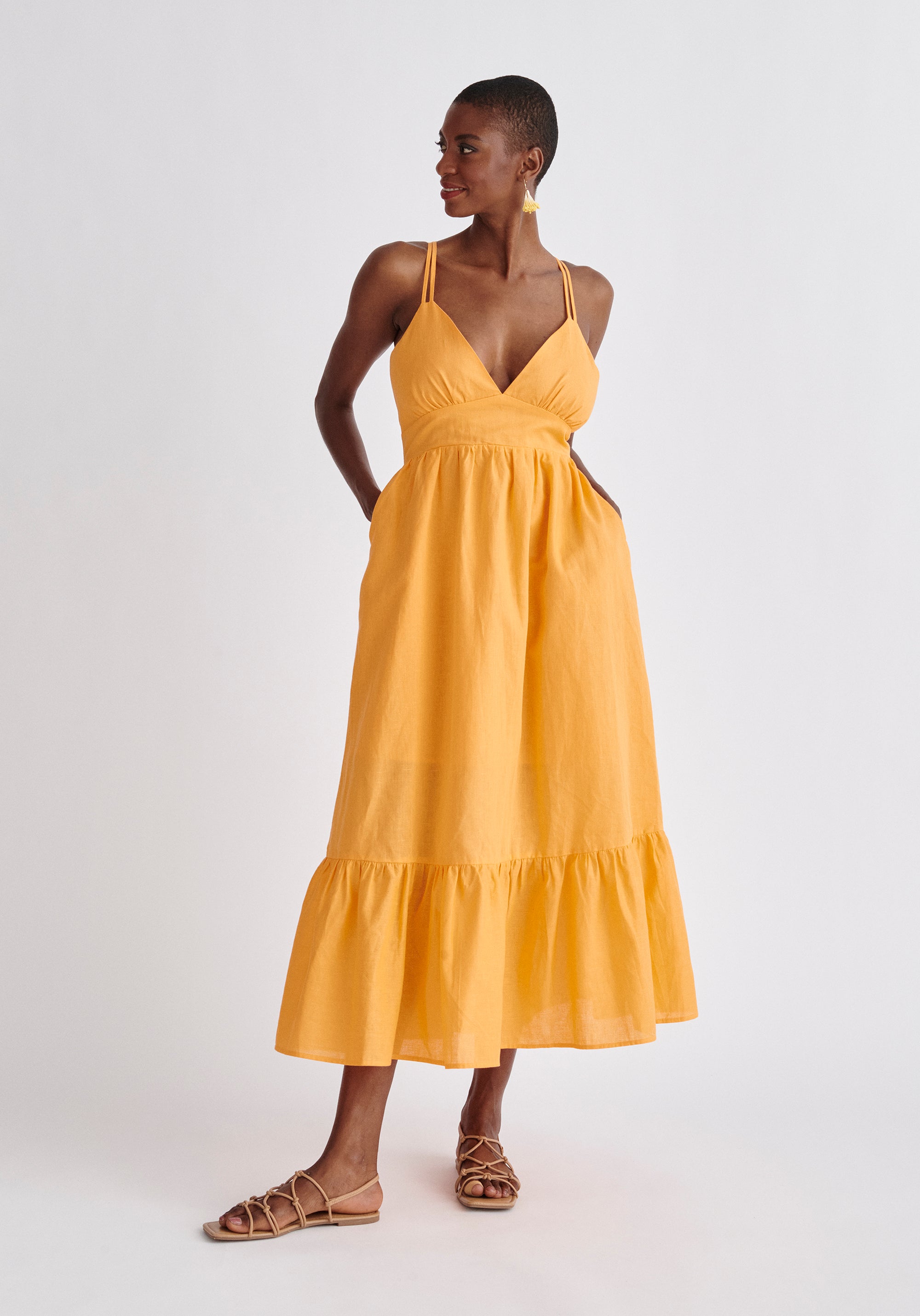 Paisie Linen Blend Midaxi Dress in Orange