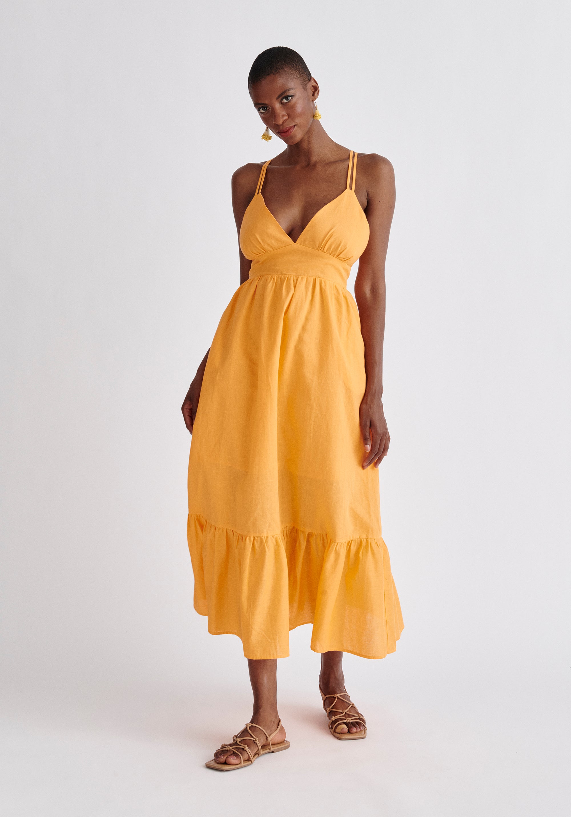 Paisie Linen Blend Midaxi Dress in Orange