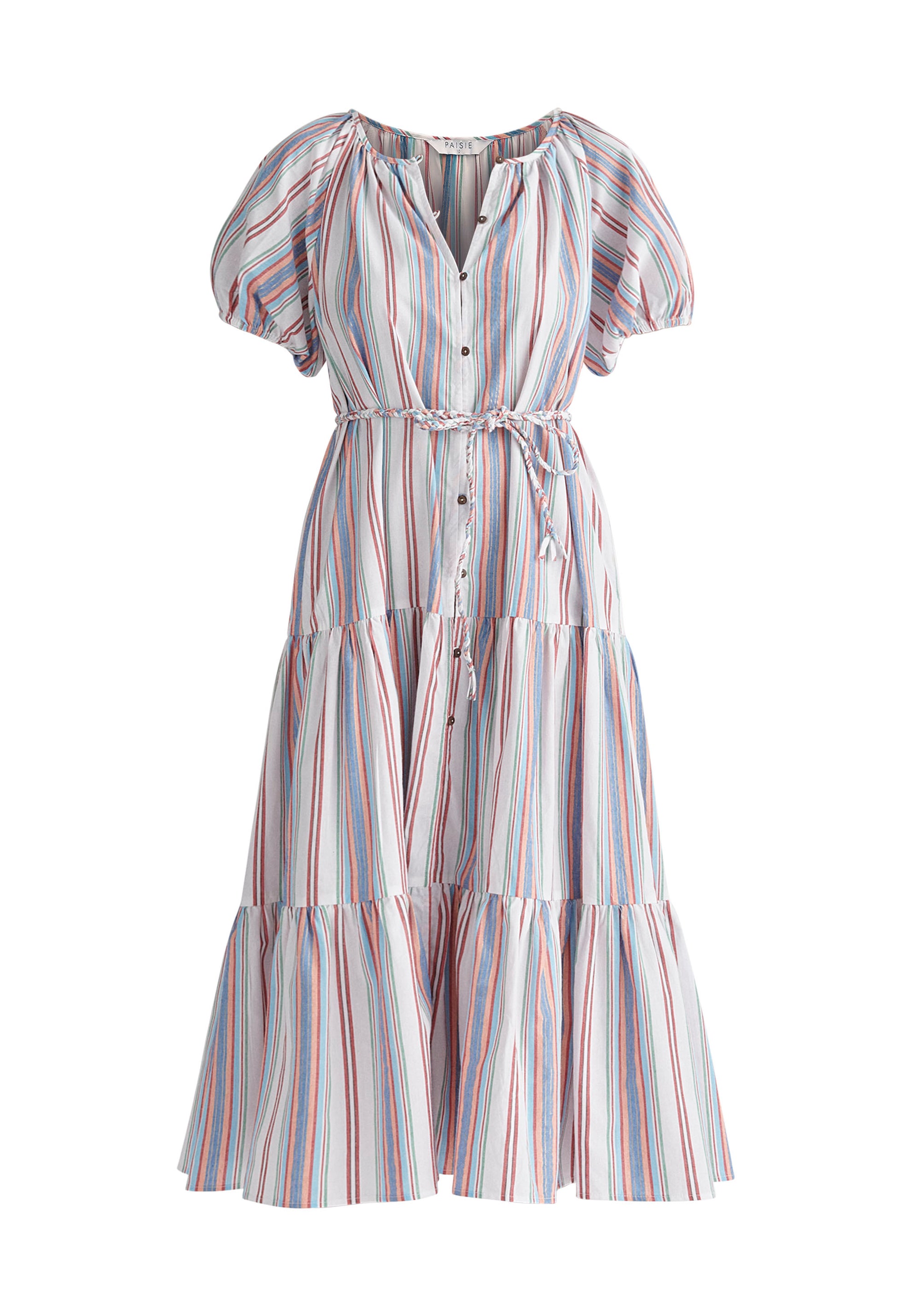 Paisie Striped Tiered Belted Cotton Dress Cut Out