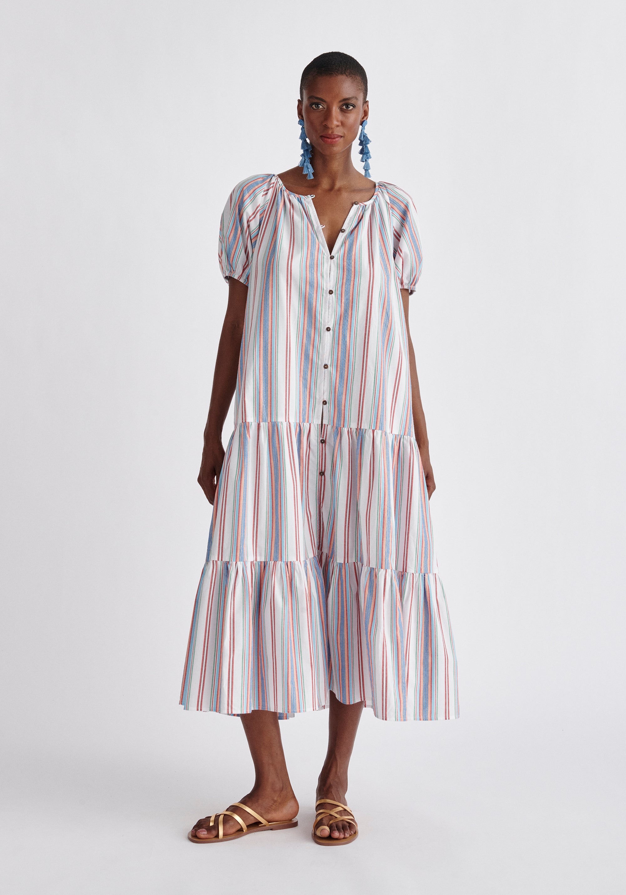 Paisie Striped Tiered Belted Cotton Dress