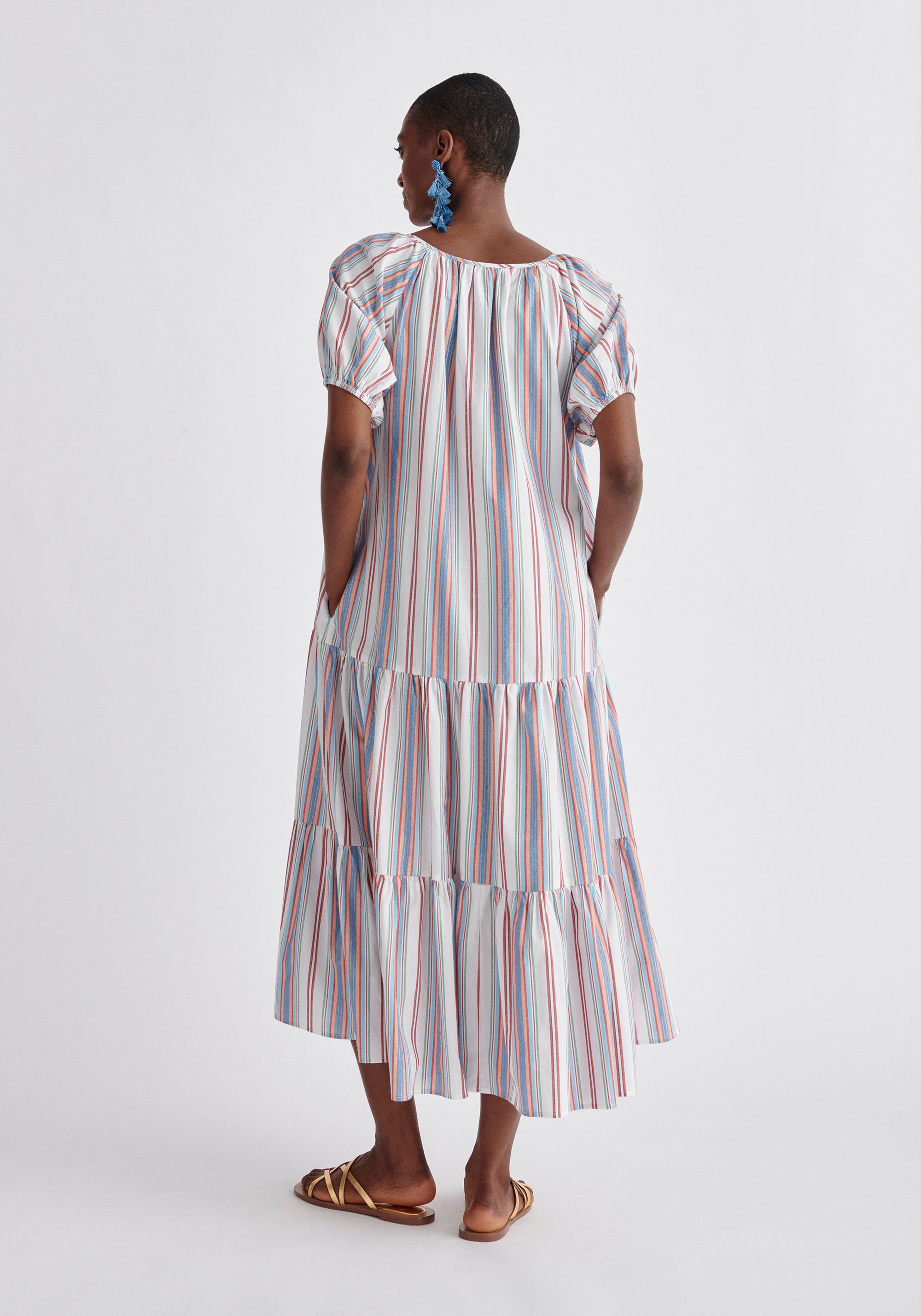 Paisie Striped Tiered Belted Cotton Dress Back