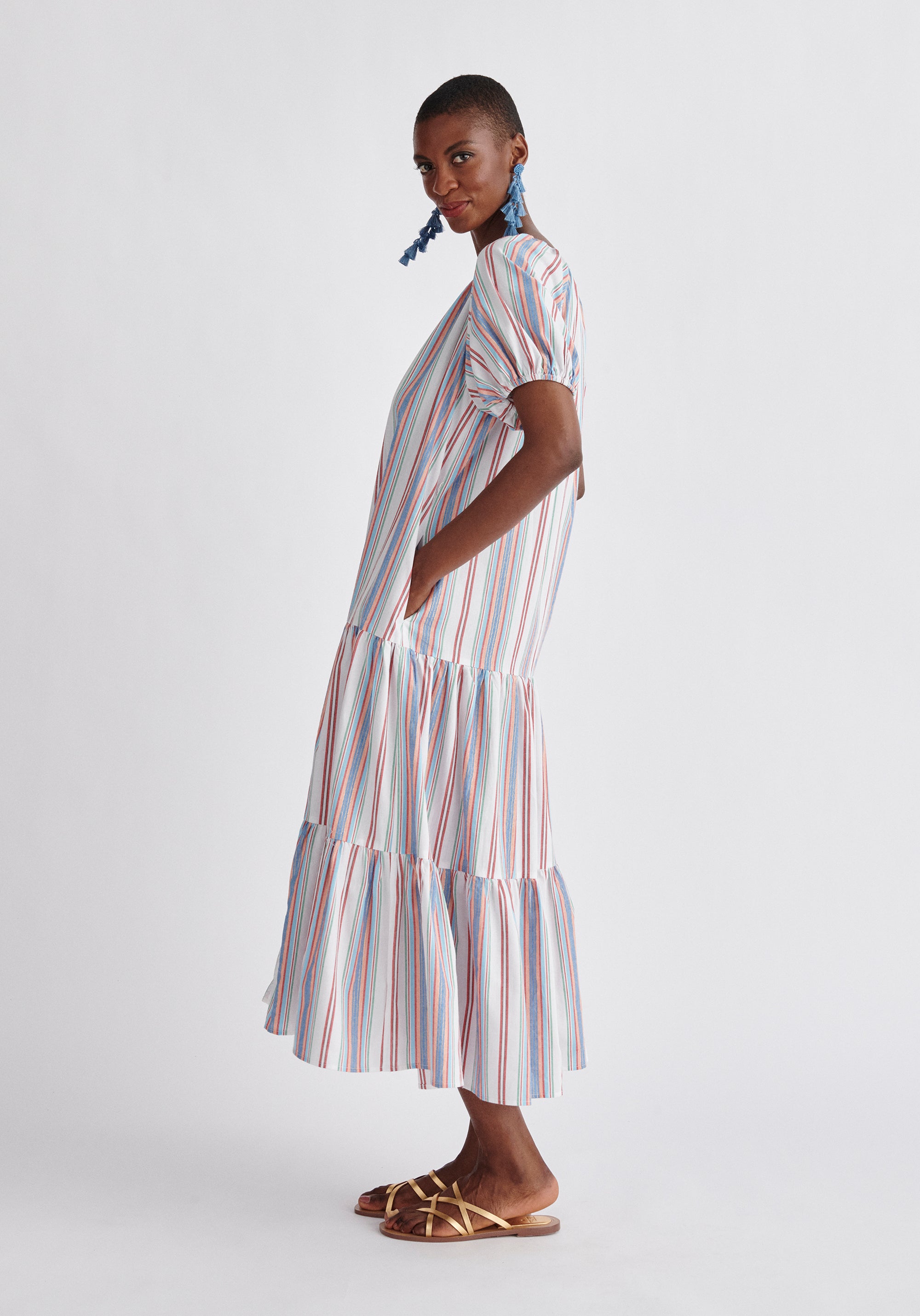 Paisie Striped Tiered Belted Cotton Dress Side