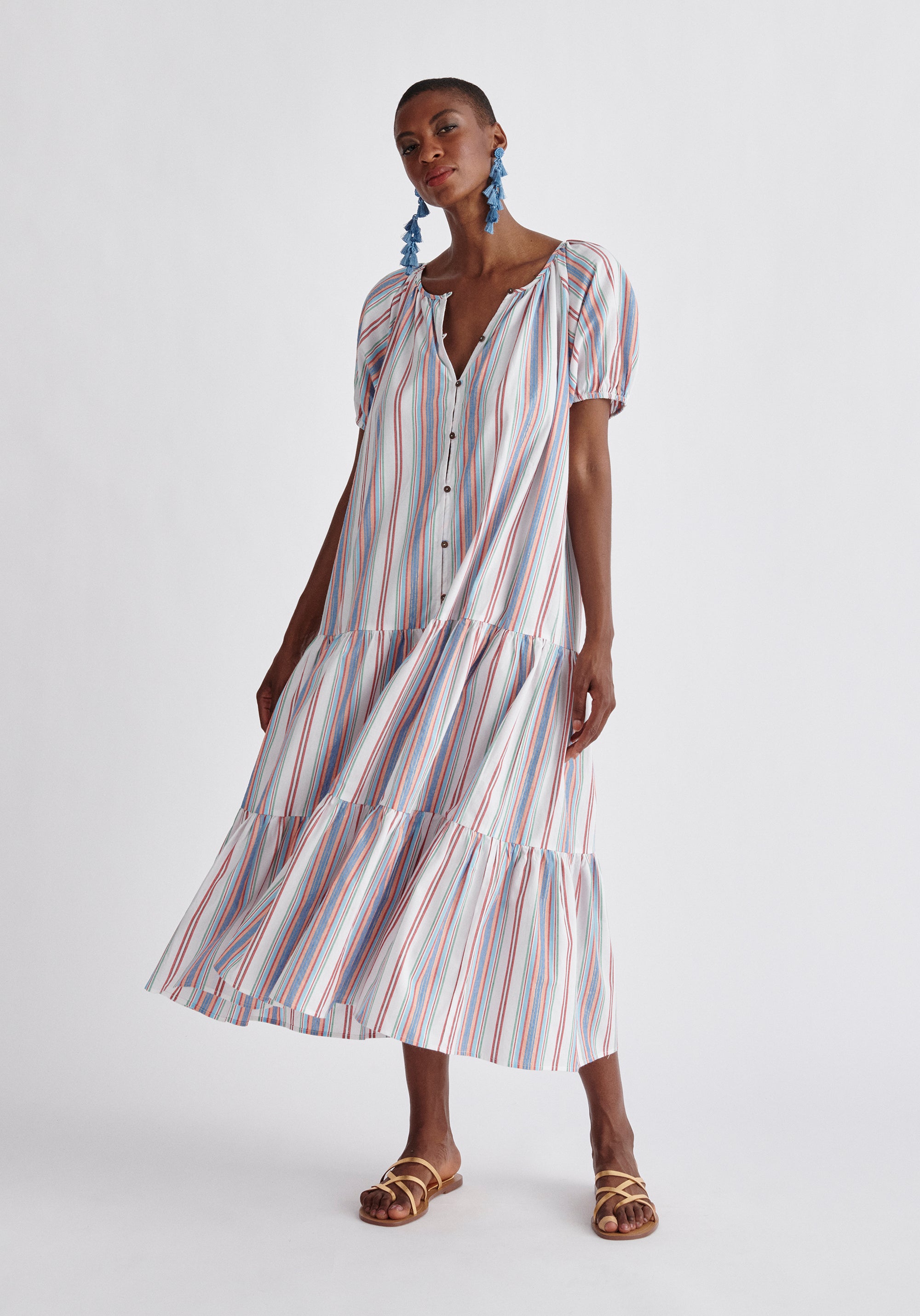 Paisie Striped Tiered Belted Cotton Dress