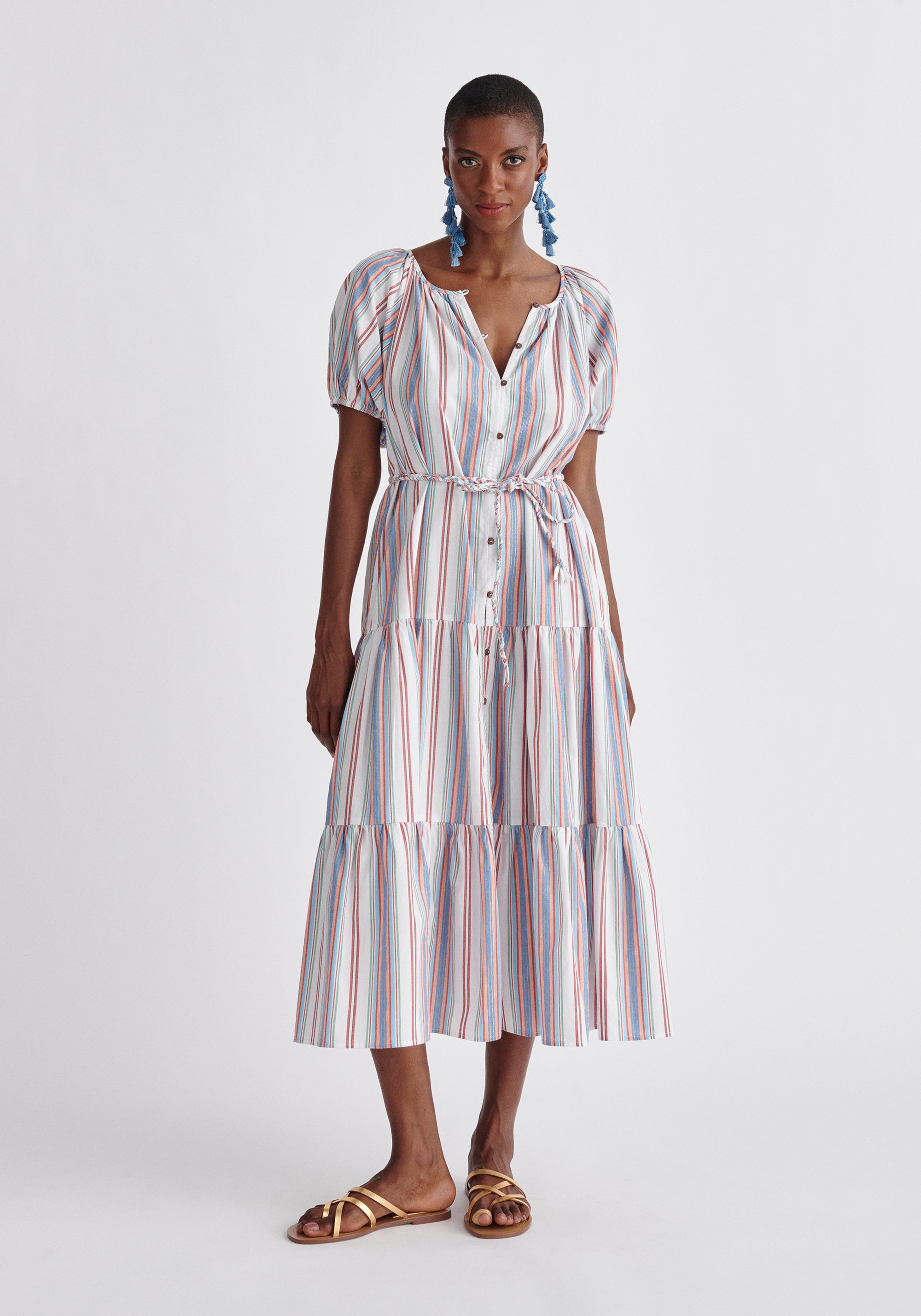 Paisie Striped Tiered Belted Cotton Dress