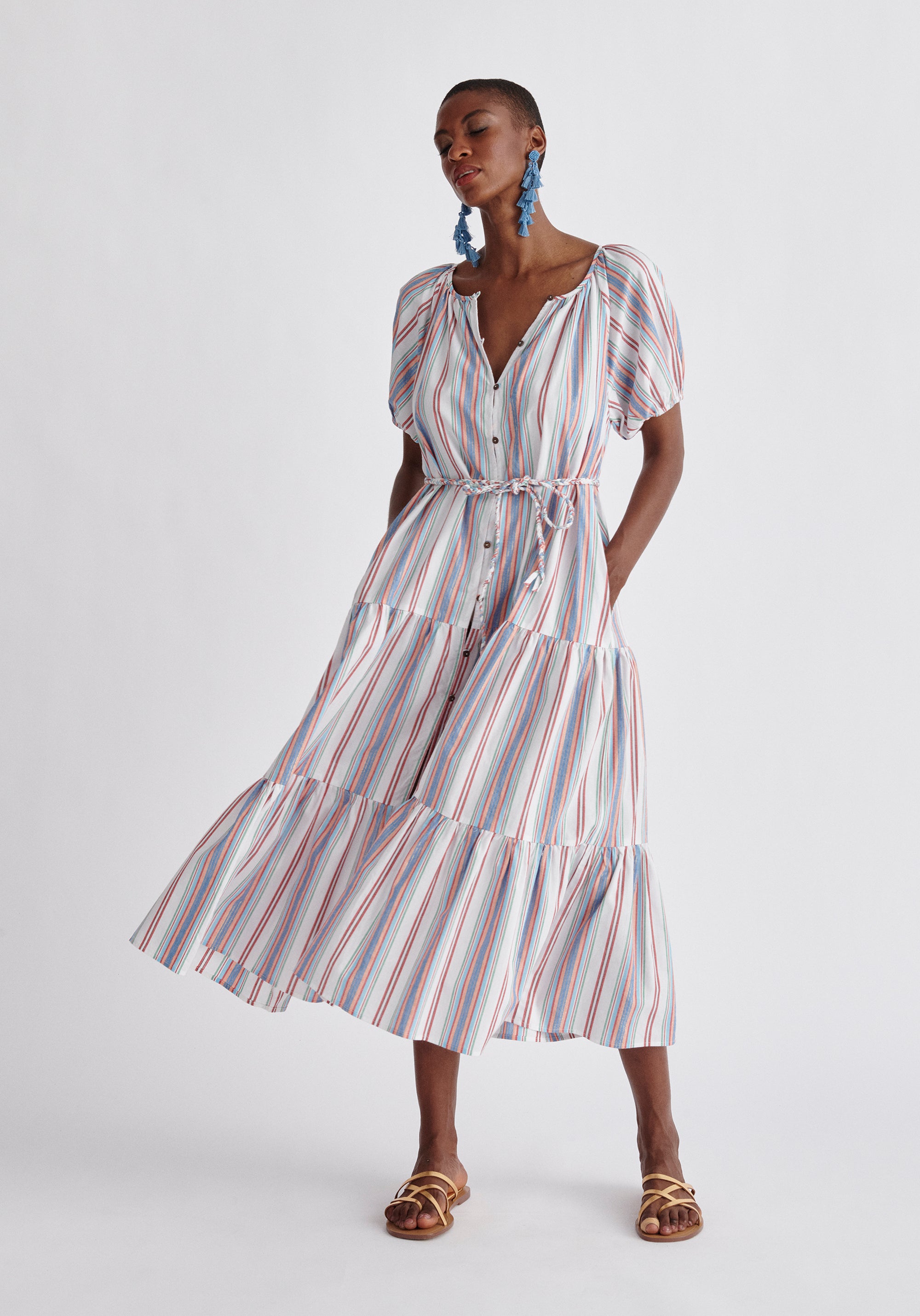 Paisie Striped Tiered Belted Cotton Dress