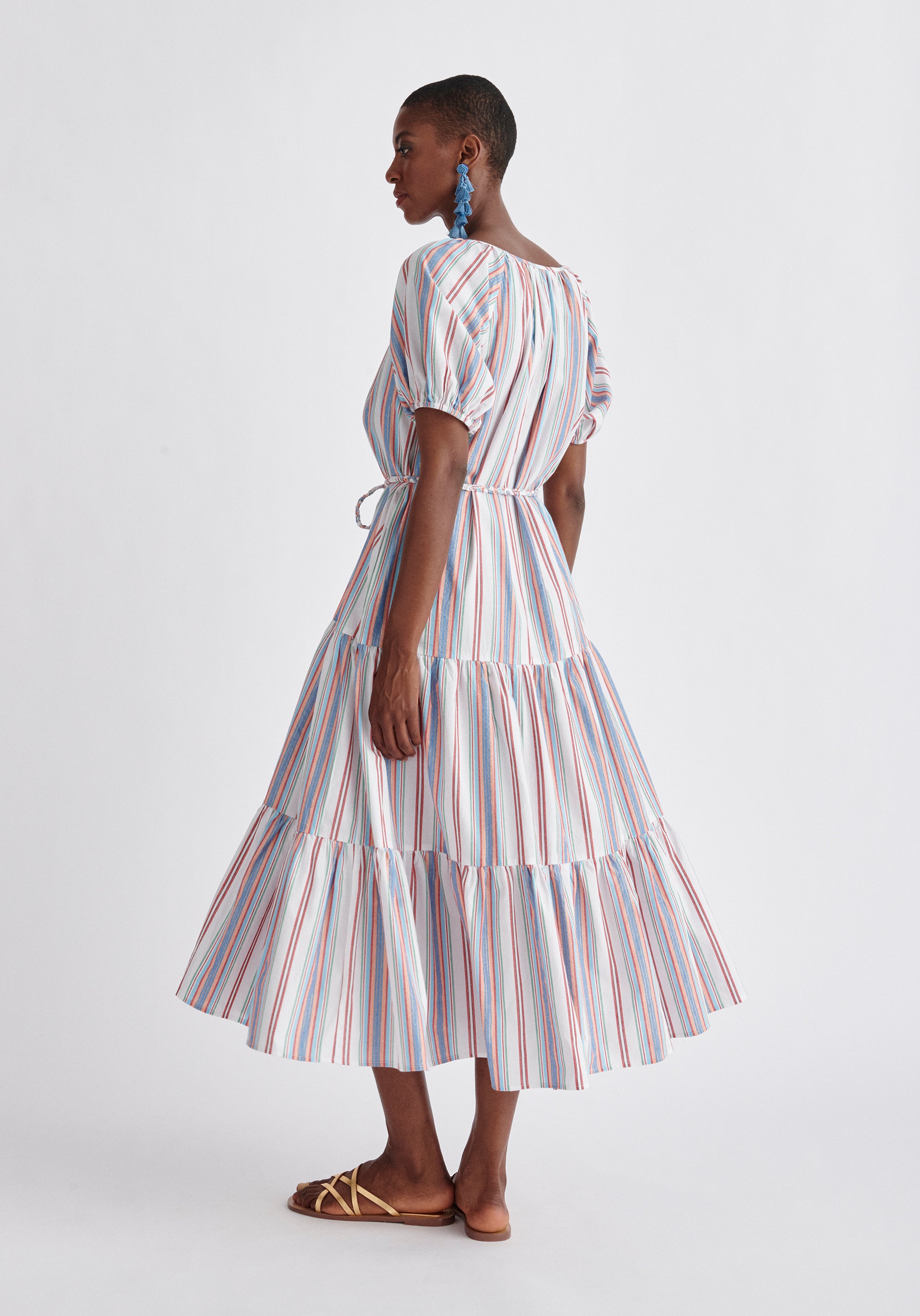 Paisie Striped Tiered Belted Cotton Dress Back