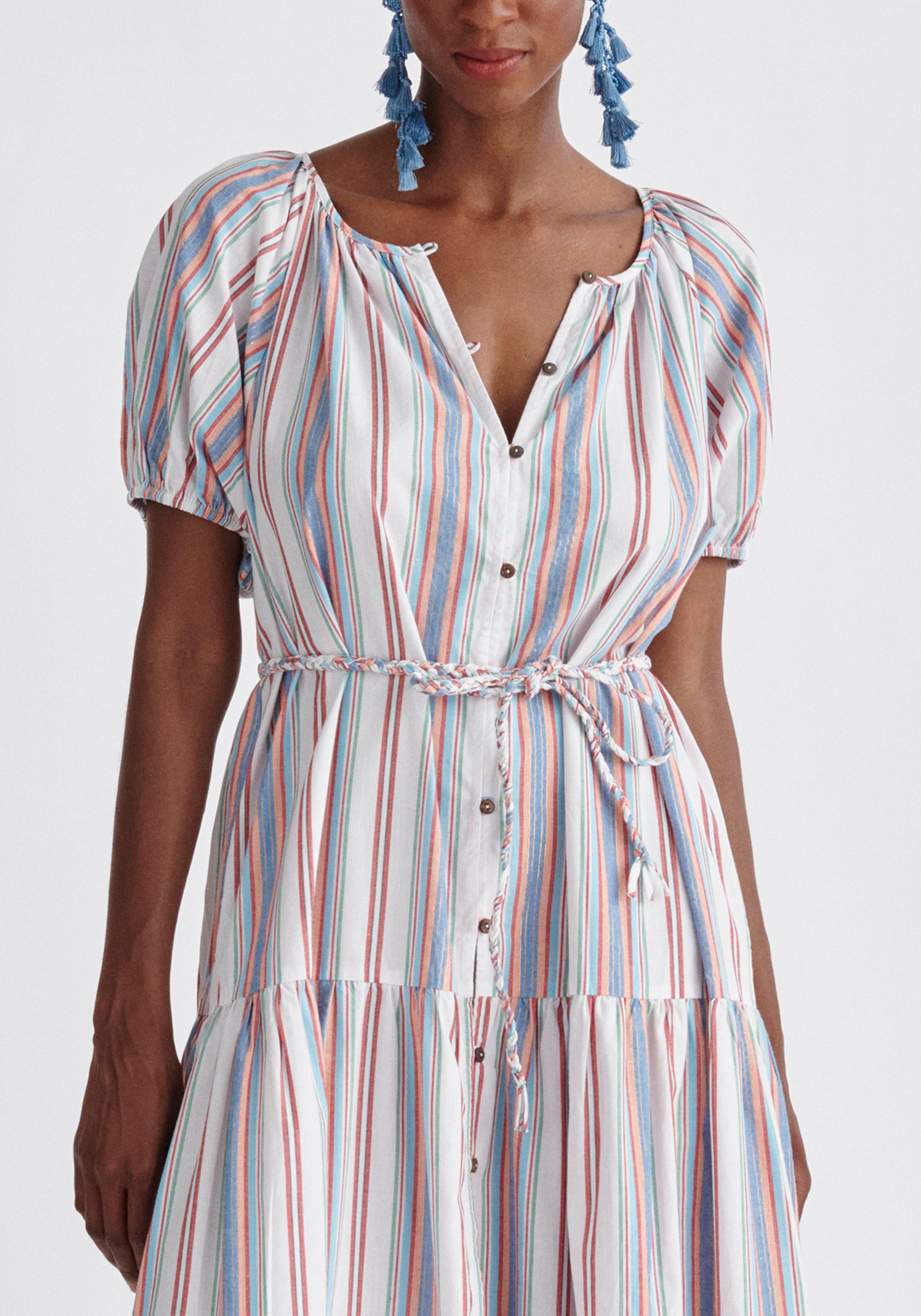 Paisie Striped Tiered Belted Cotton Dress Close Up