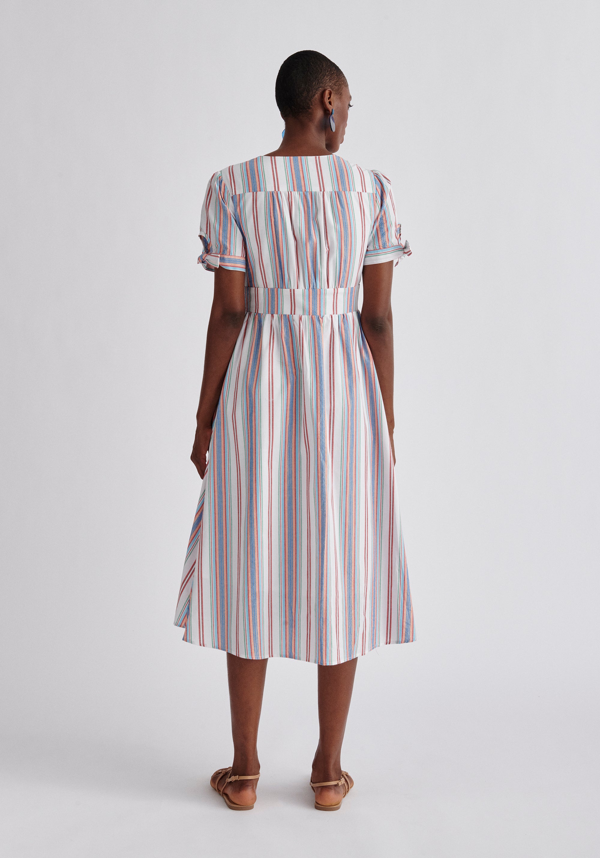 Striped Sleeve Tie Cotton Dress Back