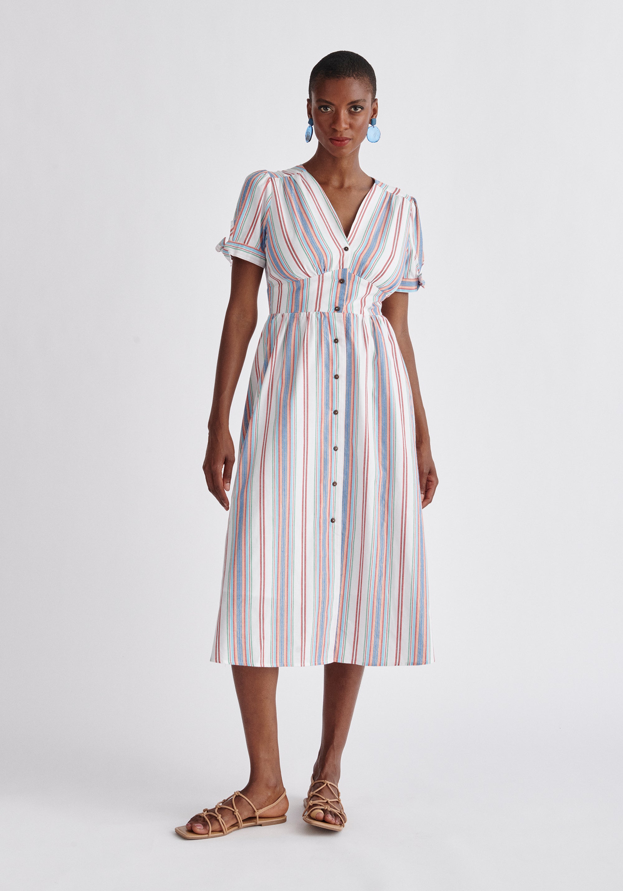 Striped Sleeve Tie Cotton Dress