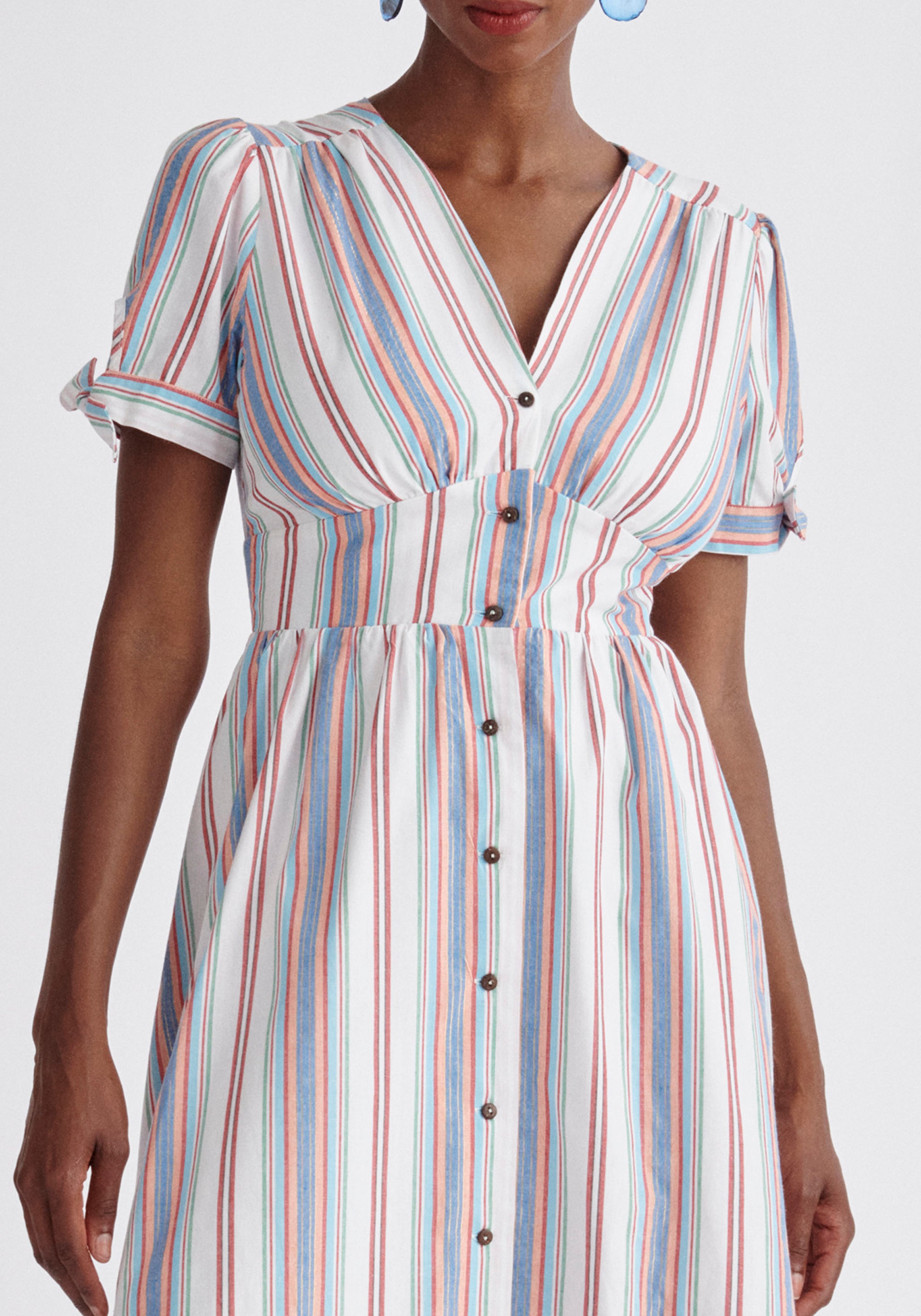 Striped Sleeve Tie Cotton Dress Close Up