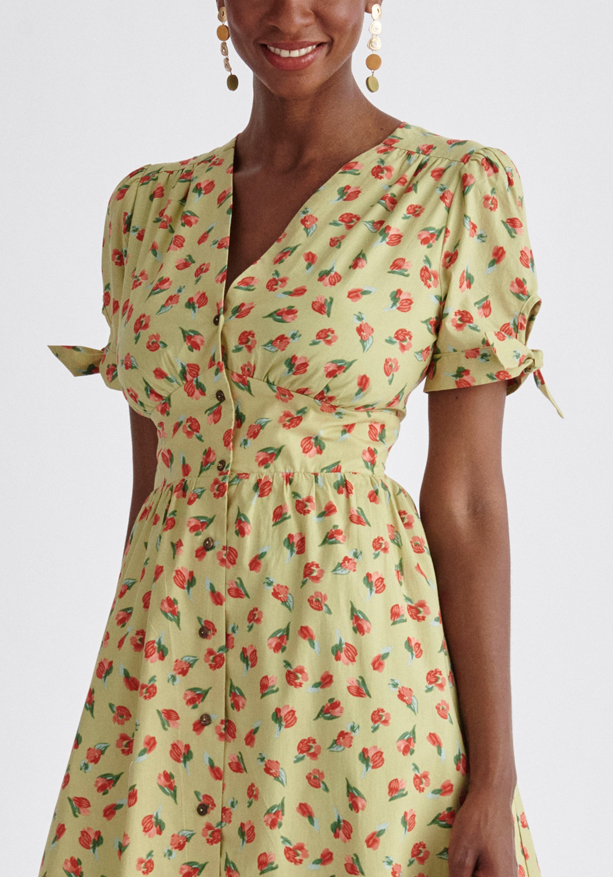 Paisie Floral Sleeve Tie Cotton Dress Close Up