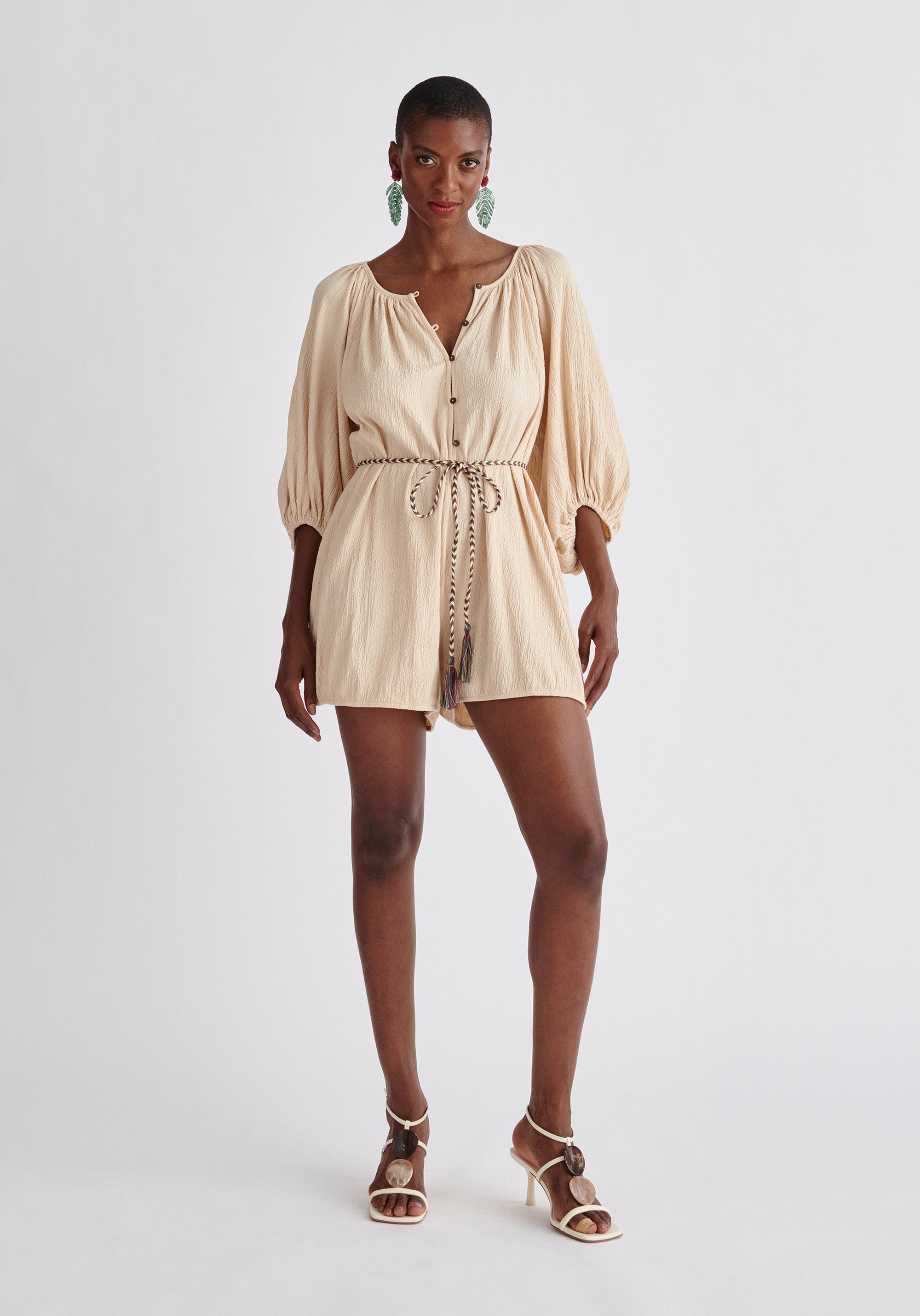 Paisie Balloon Sleeve Playsuit in Oatmeal