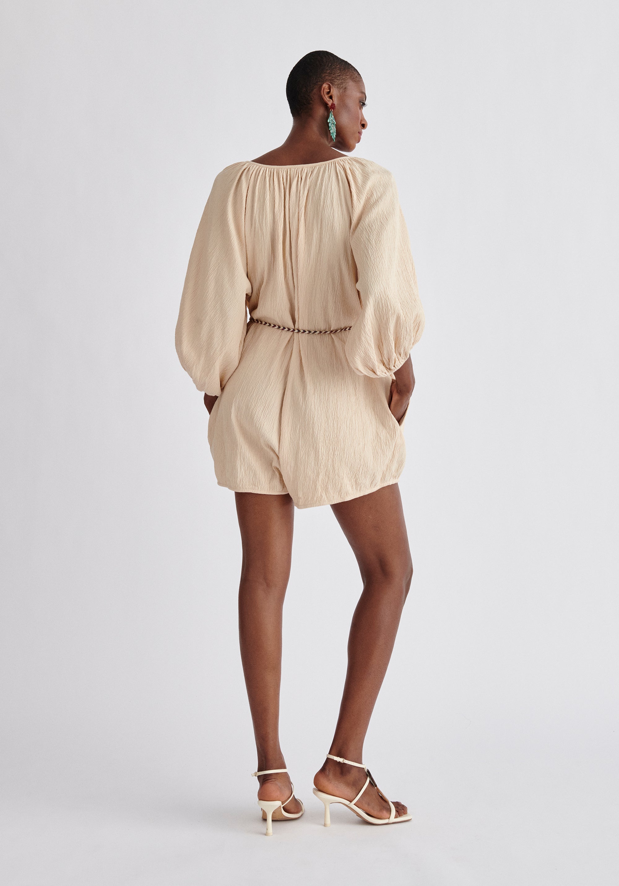 backPaisie Balloon Sleeve Playsuit in Oatmeal 