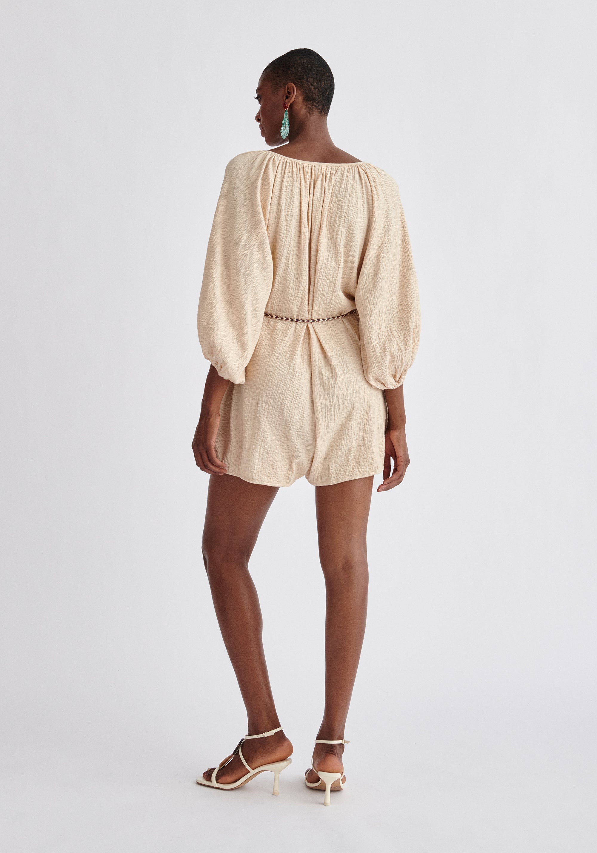 Paisie Balloon Sleeve Playsuit in Oatmeal Back