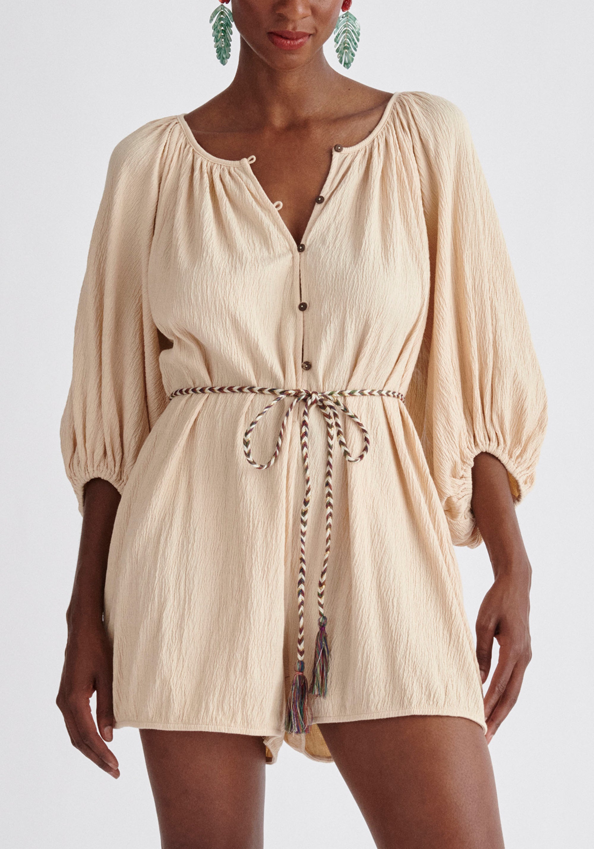 Paisie Balloon Sleeve Playsuit in Oatmeal Close Up