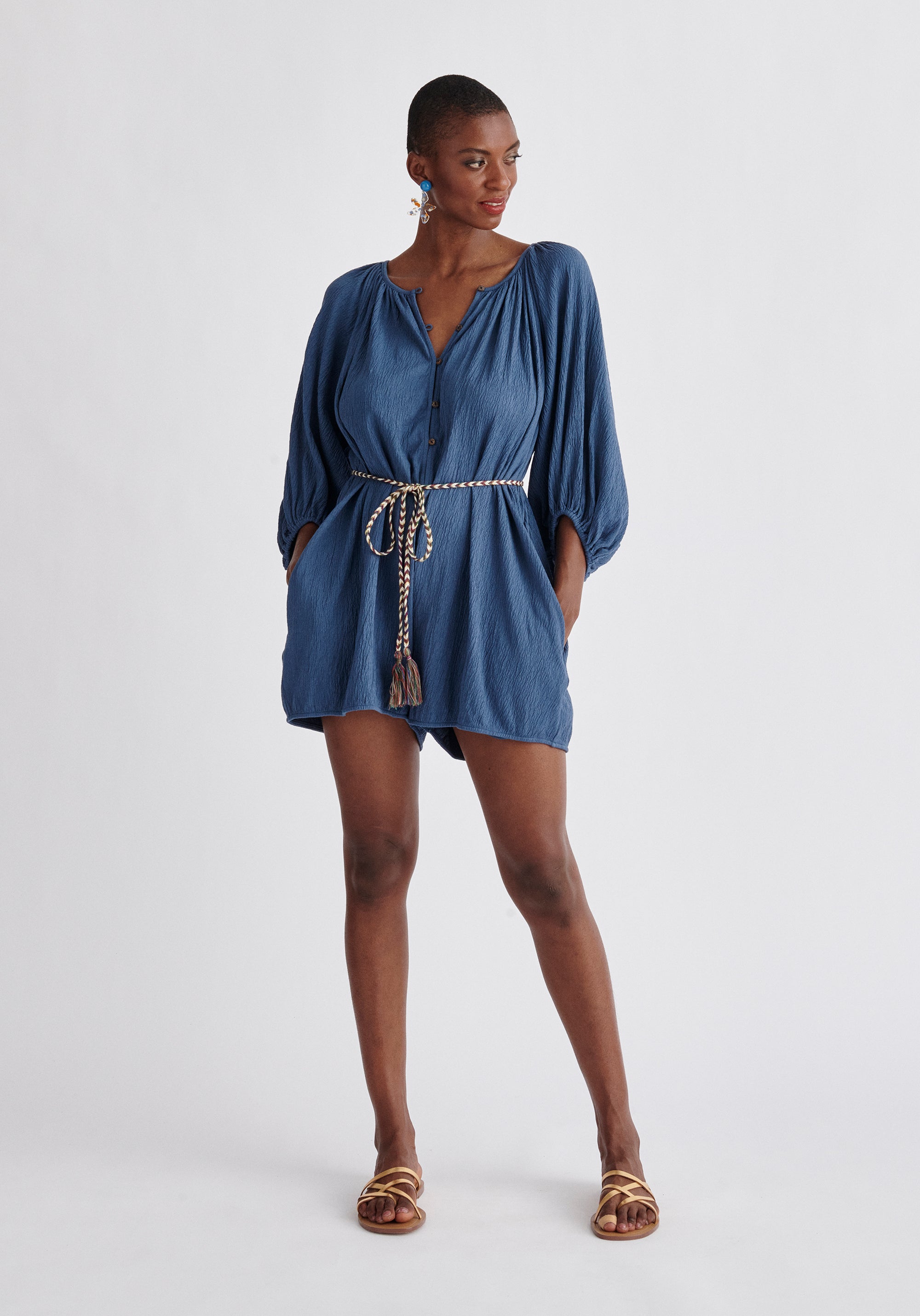 Paisie Balloon Sleeve Playsuit in Blue