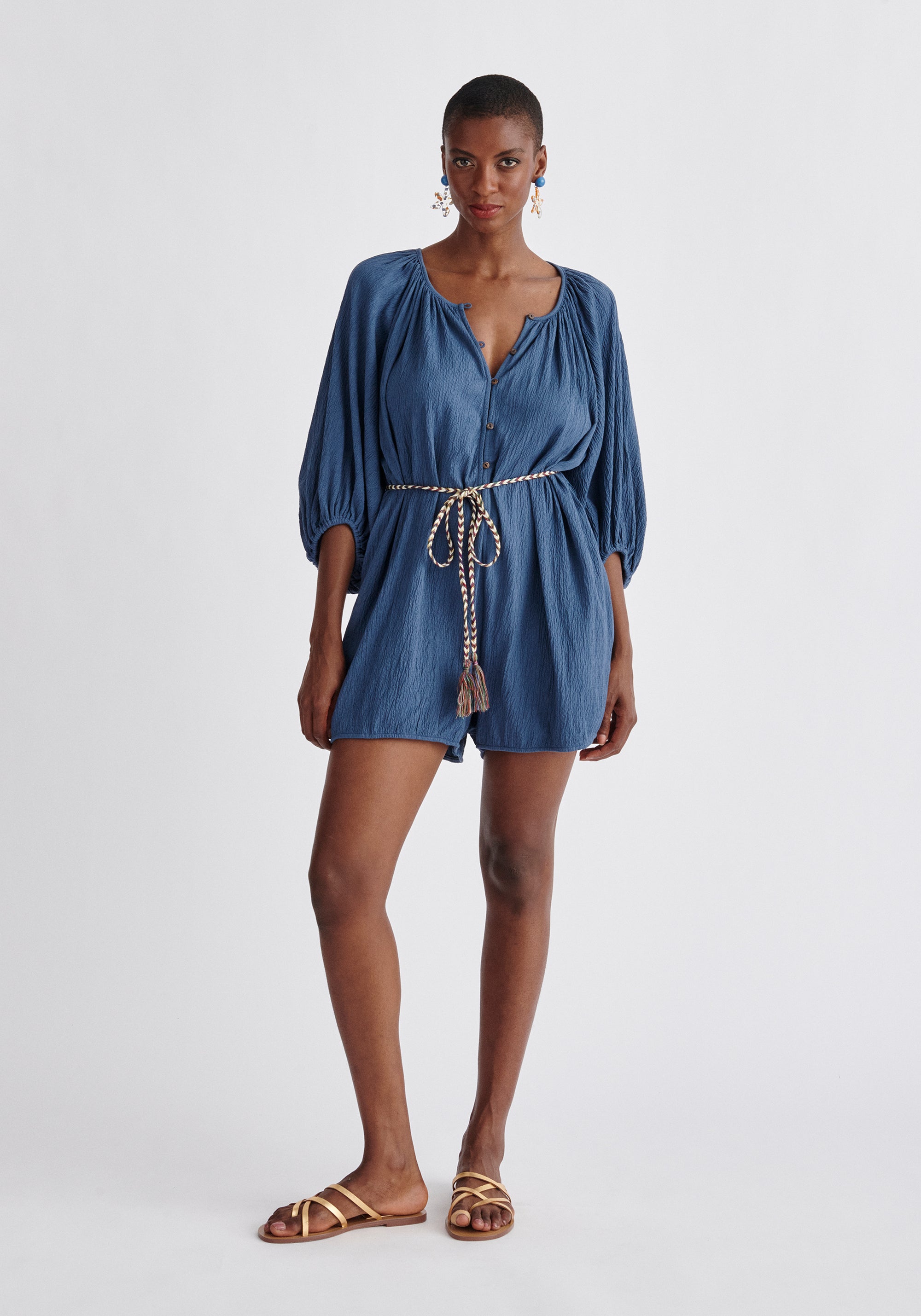 Paisie Balloon Sleeve Playsuit in Blue