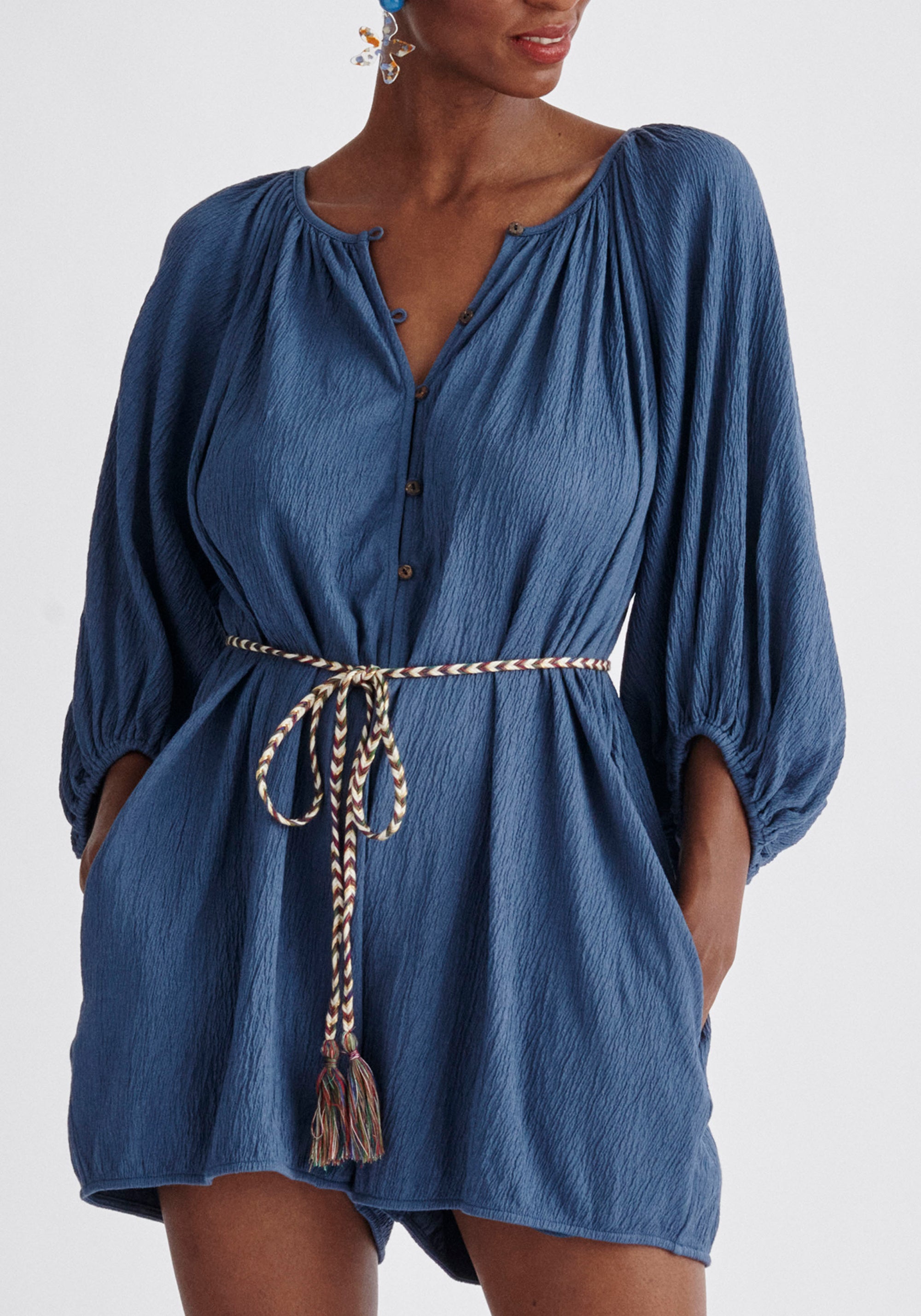 Paisie Balloon Sleeve Playsuit in Blue Close Up