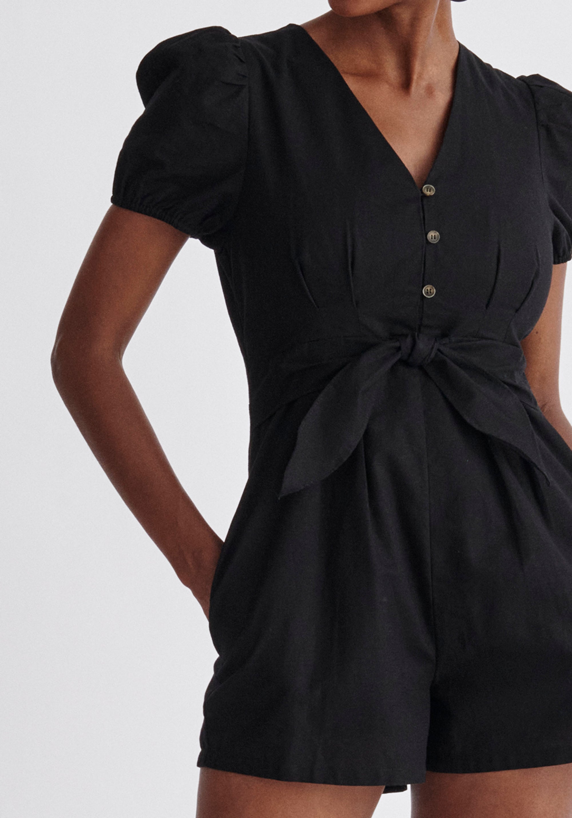 Paisie Linen Blend Playsuit in Black Close Up