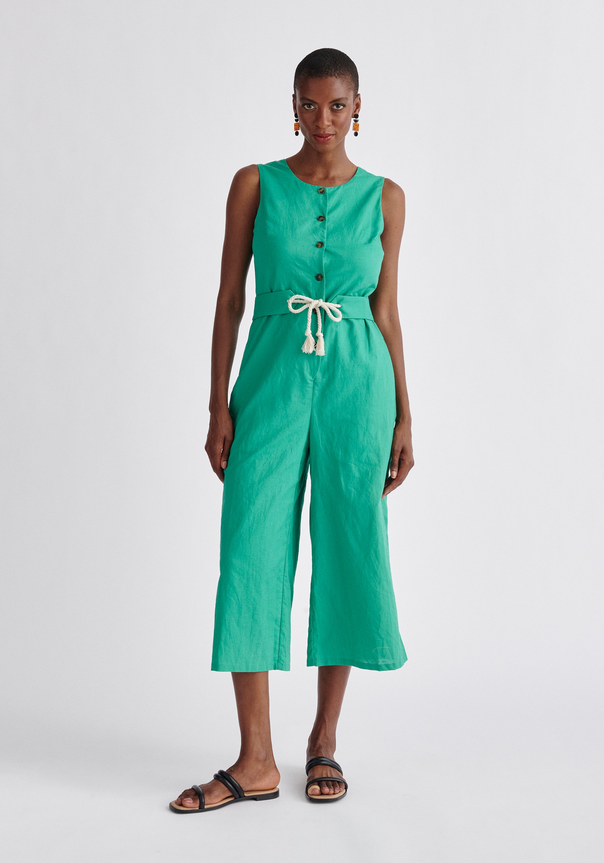 Paisie Belted Linen Blend Jumpsuit in Green