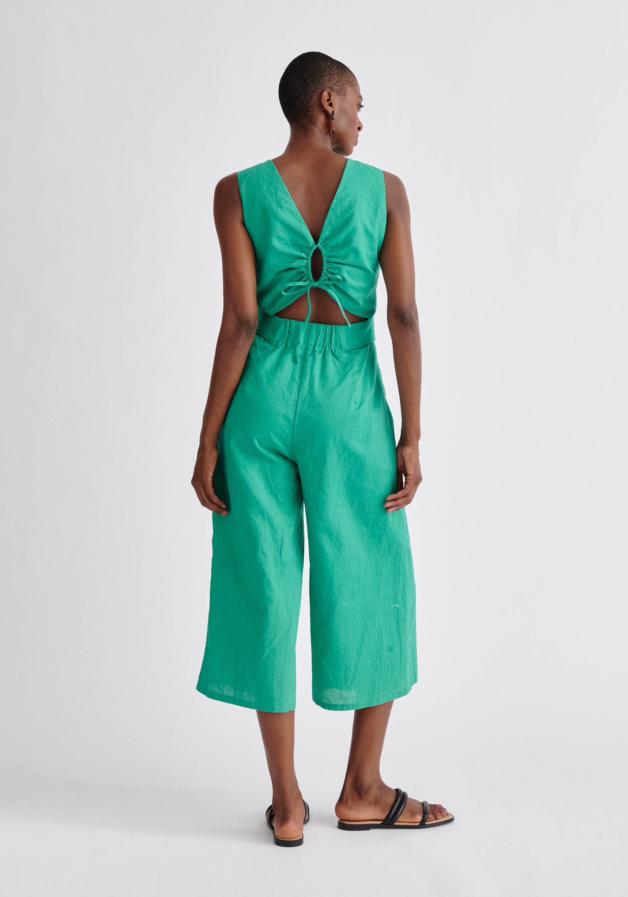 Paisie Belted Linen Blend Jumpsuit in Green Back