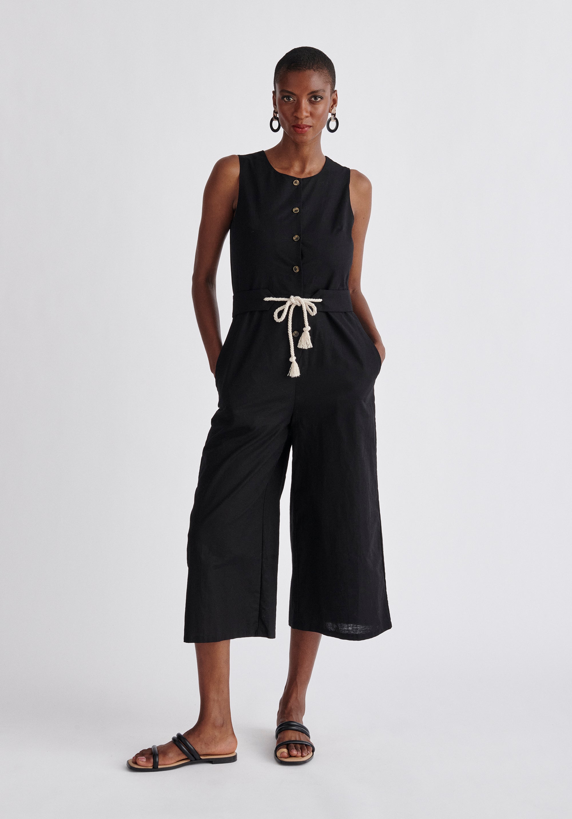 Paisie Belted Linen Blend Jumpsuit in Black